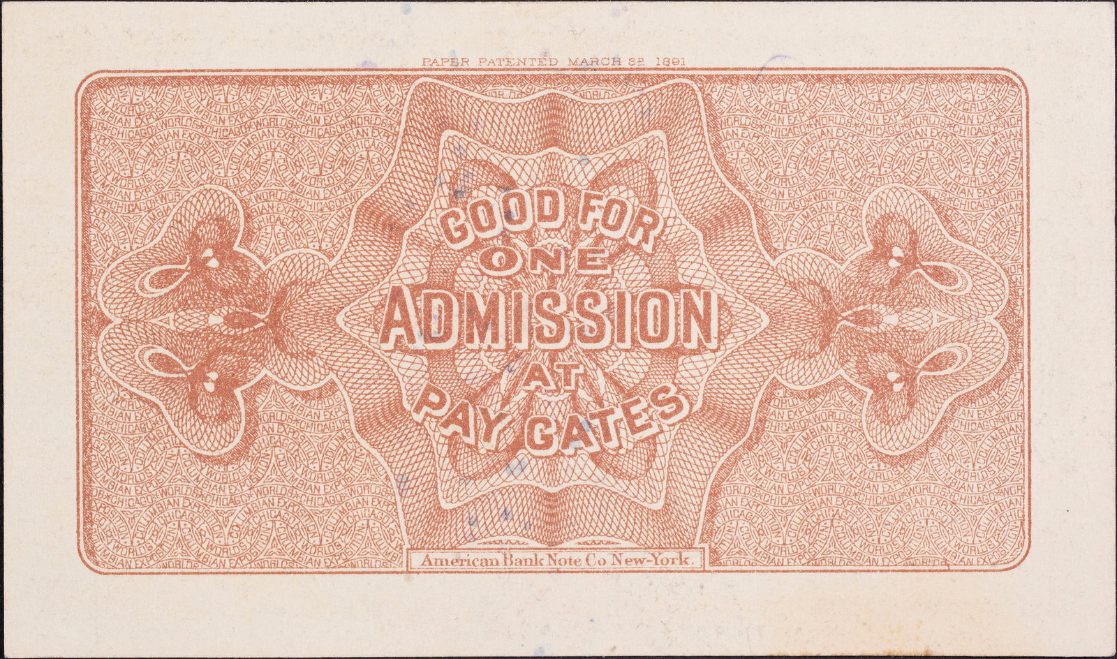 Unc 1893 Columbian Expo Admission Ticket - 2