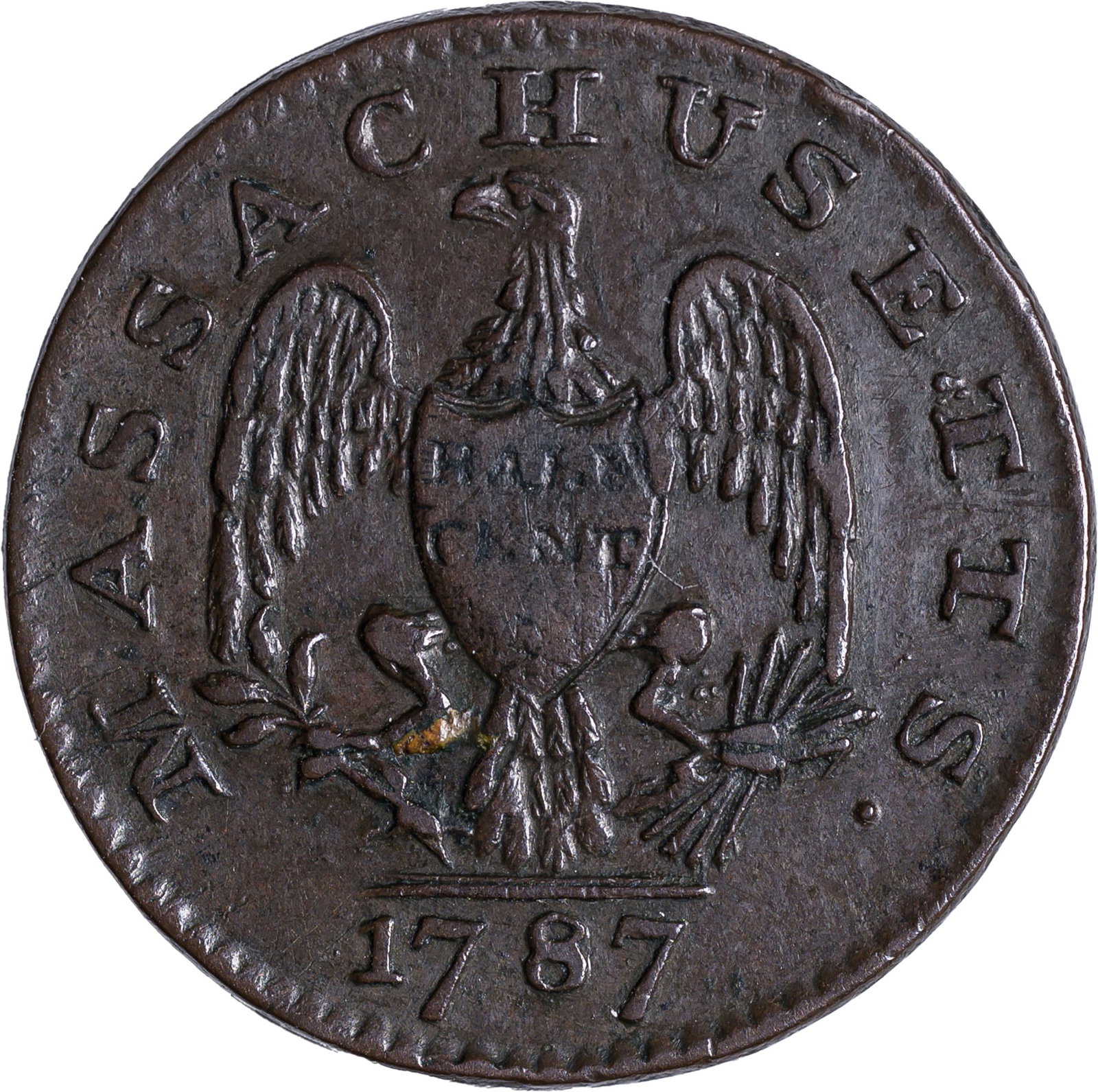 Massachusetts. Impressive EF 1787 Half Cent - 2