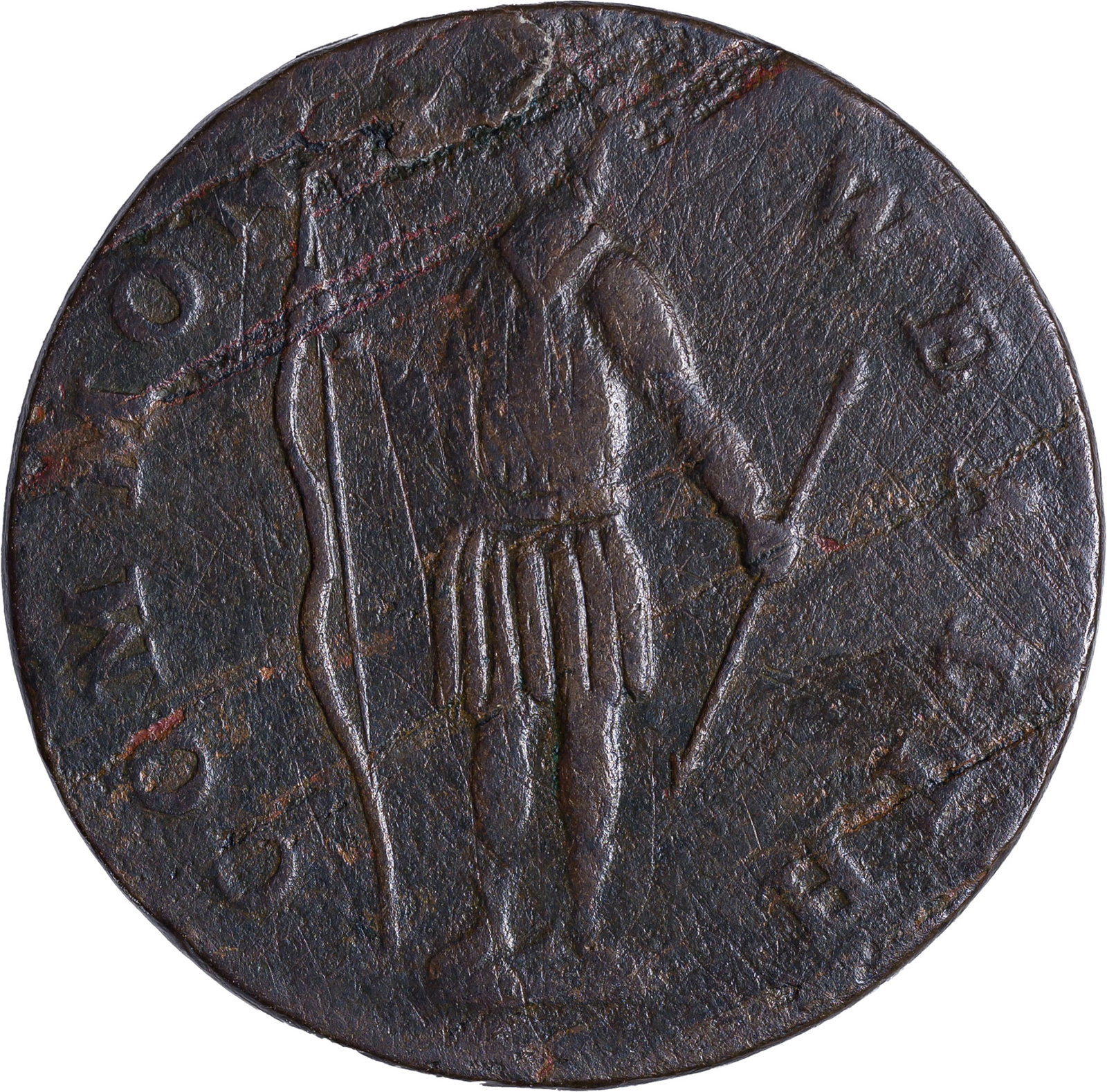 Massachusetts. VF-EF 1787 Cent: Ryder-2C. A scarce variety in all grades, with VF or finer pieces in the minority where this variety is concerned. Natural planchet flaw at top of obverse, weakness in date on reverse. An example