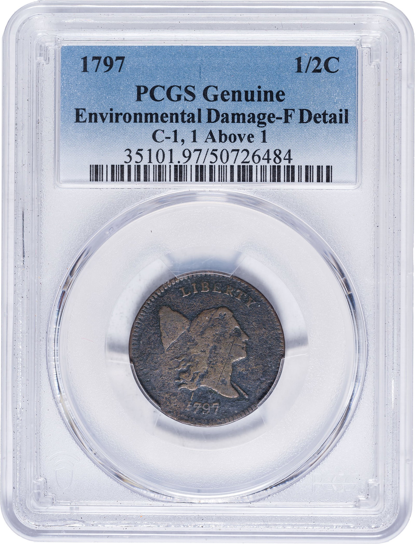 PCGS Fine Details 1797 Half Cent: Genuine-Environmental Damage. C-1, 1 above 1 variety. The sharpness approaches VF on this golden-brown half cent. Uniform microgranularity and an old scratch across Liberty's cheek are noted. Good