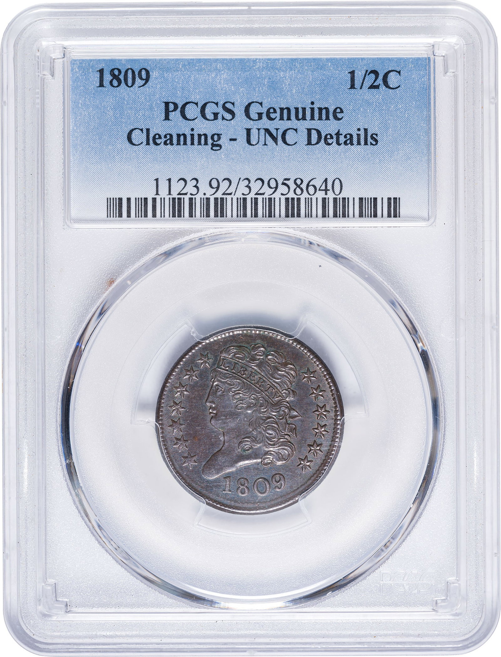 PCGS Unc Details 1809 Half Cent: Genuine-Cleaning. Somewhat glossy medium brown surfaces from a long-ago cleaning, but the sharpness and overall surface quality more than compensates. Mark-free with superior eye appeal in spite of
