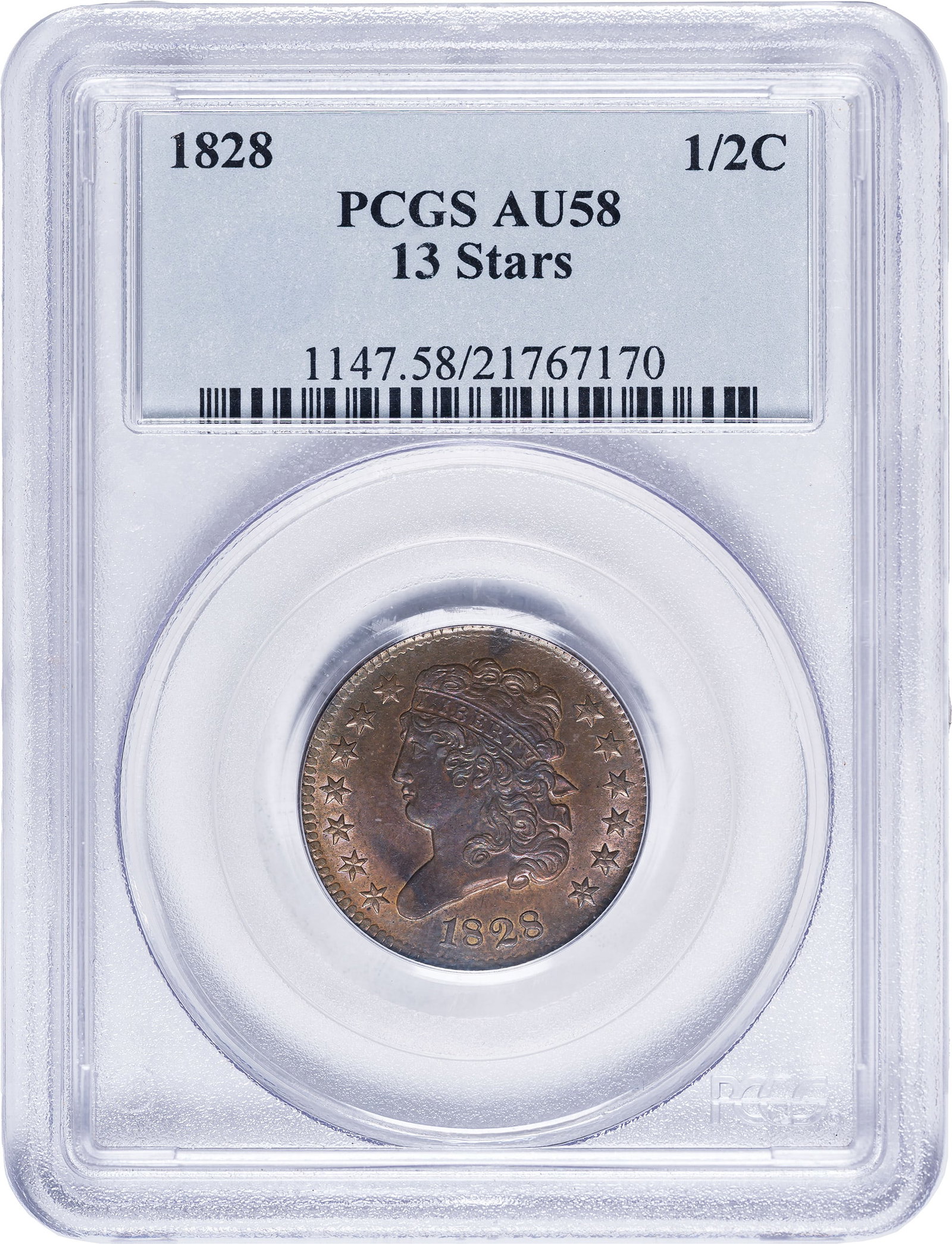 PCGS AU-58 1828 13 Stars Half Cent: Lustrous golden-tan with varied golden highlights throughout. Choice.