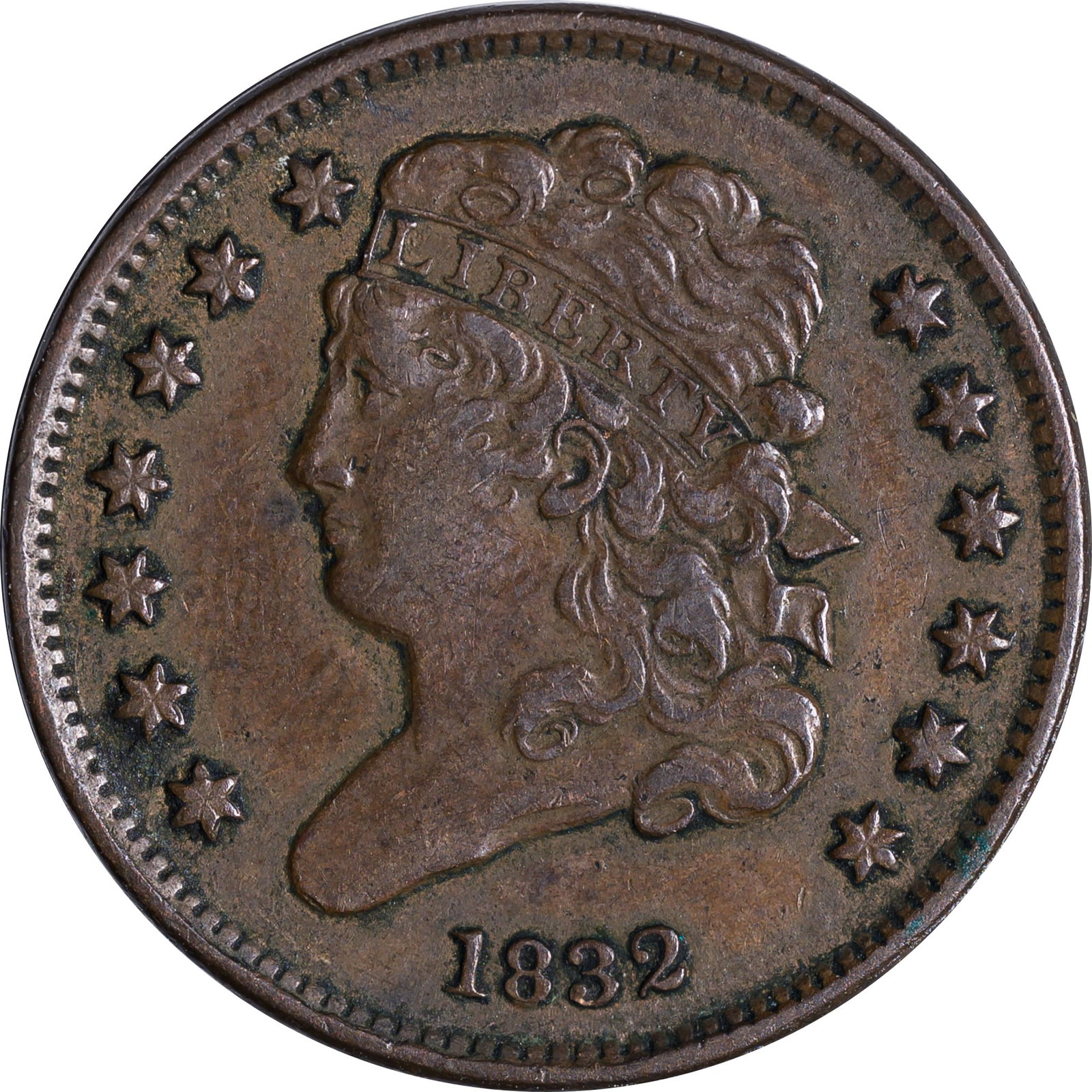 EF-40 1832 Half Cent: Golden-tan throughout with no marks to mention and plenty of eye appeal.