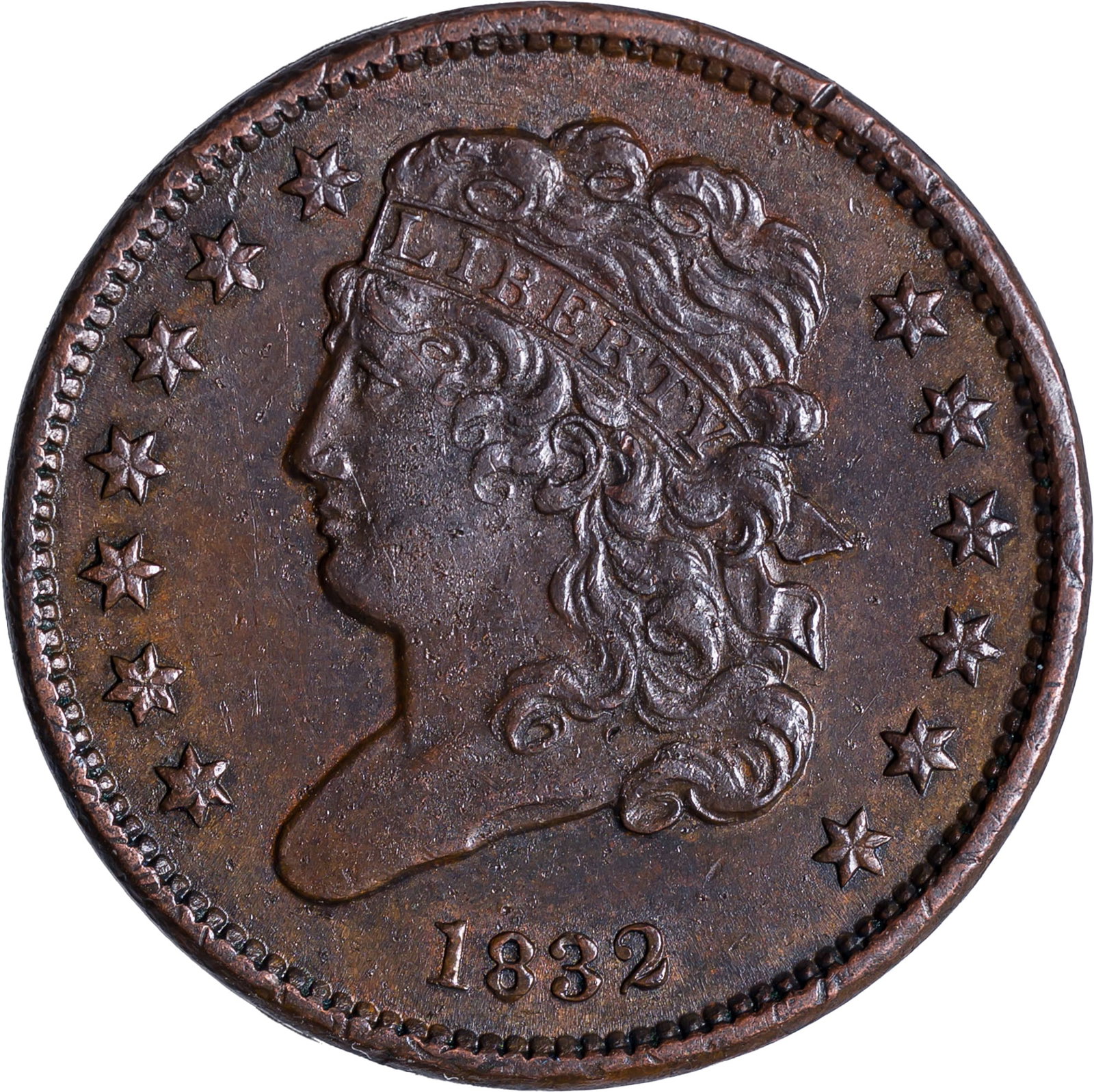 AU-50+ 1832 Half Cent: Glossy golden-brown with boldy rendered design elements. Choice and problem-free.