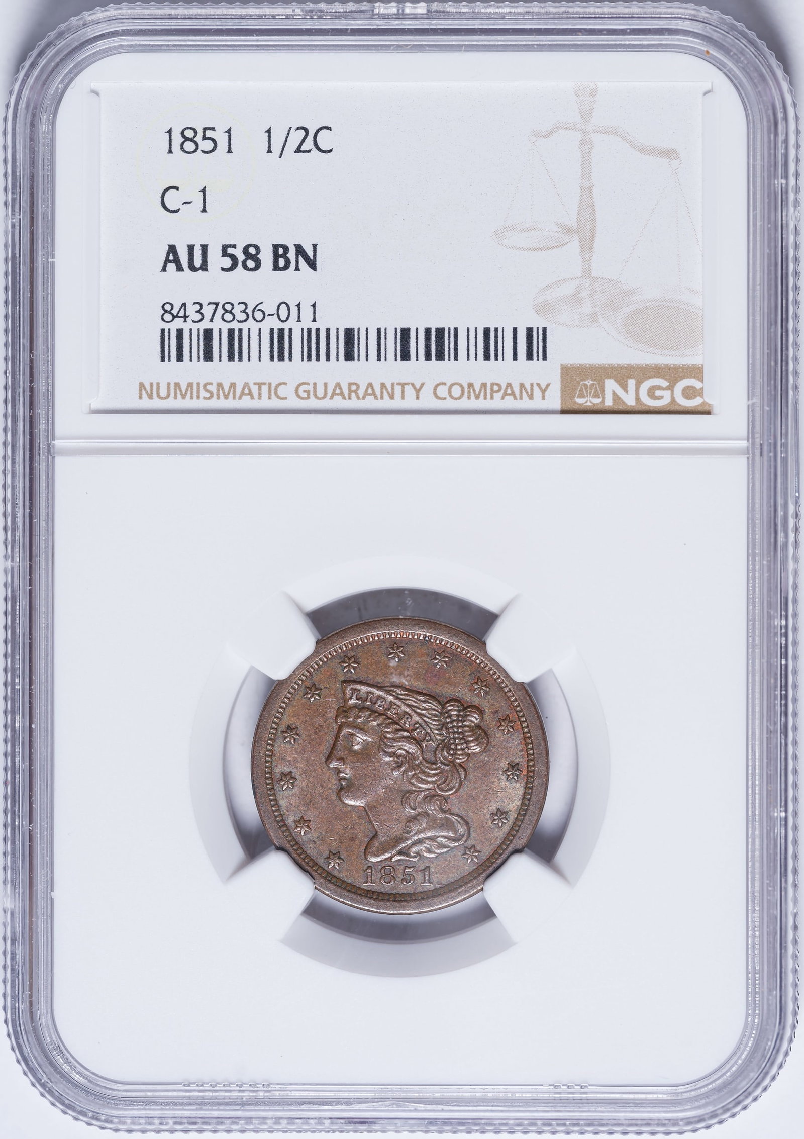 NGC AU-58 1851 Half Cent (1 of 2)