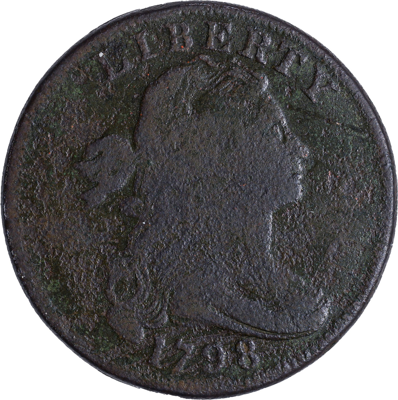 Fine-12 Details 1798 Large Cent: Style 2 Hair. Sharply presented despite faint uniform porosity. Dark brown throughout.