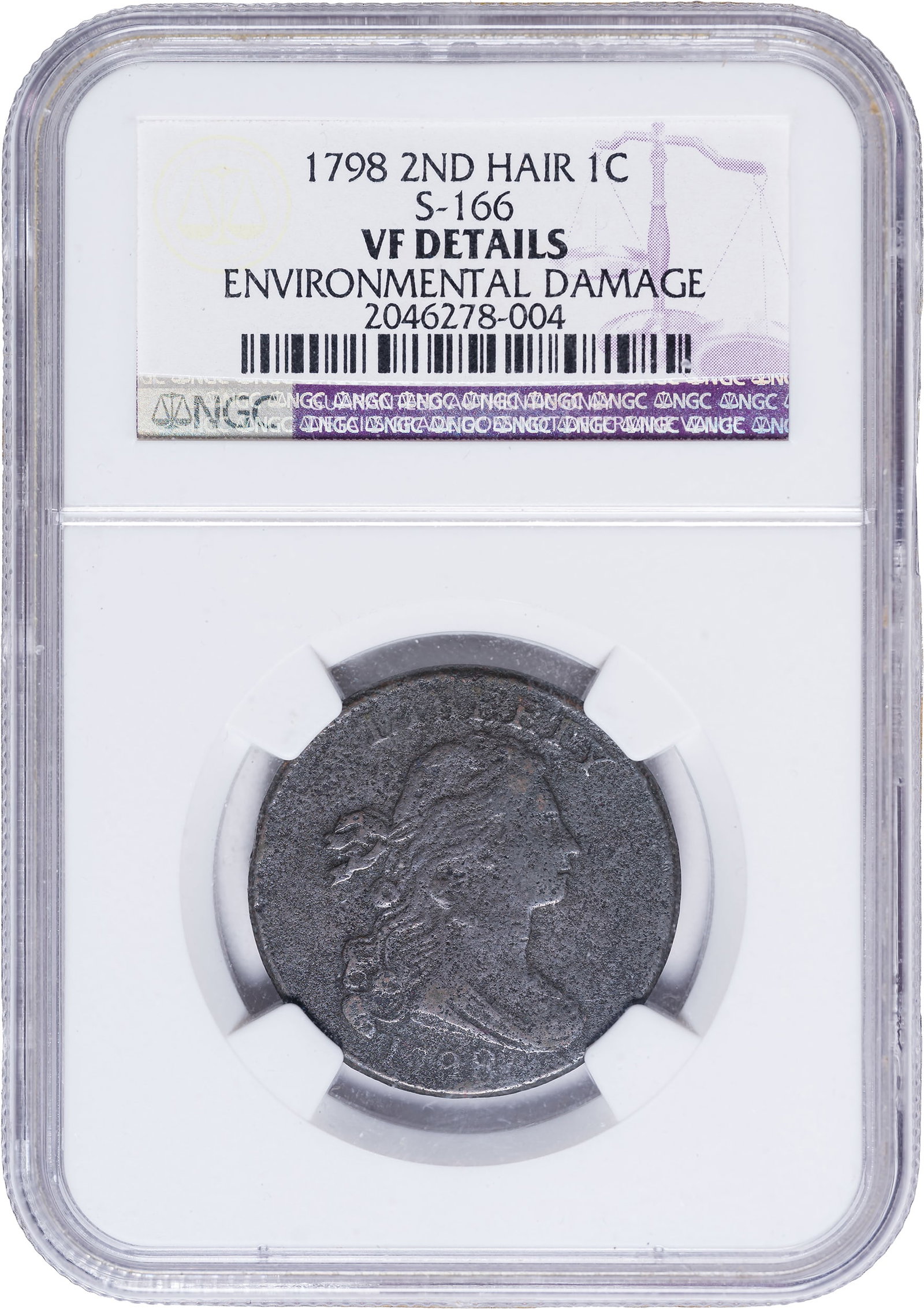 NGC VF Details 1798 Large Cent: Environmental Damage. S-166. 2nd Hair Style. Medium chocolate-brown surfaces reveal uniform microgranularity. Still a reasonable piece in-hand.