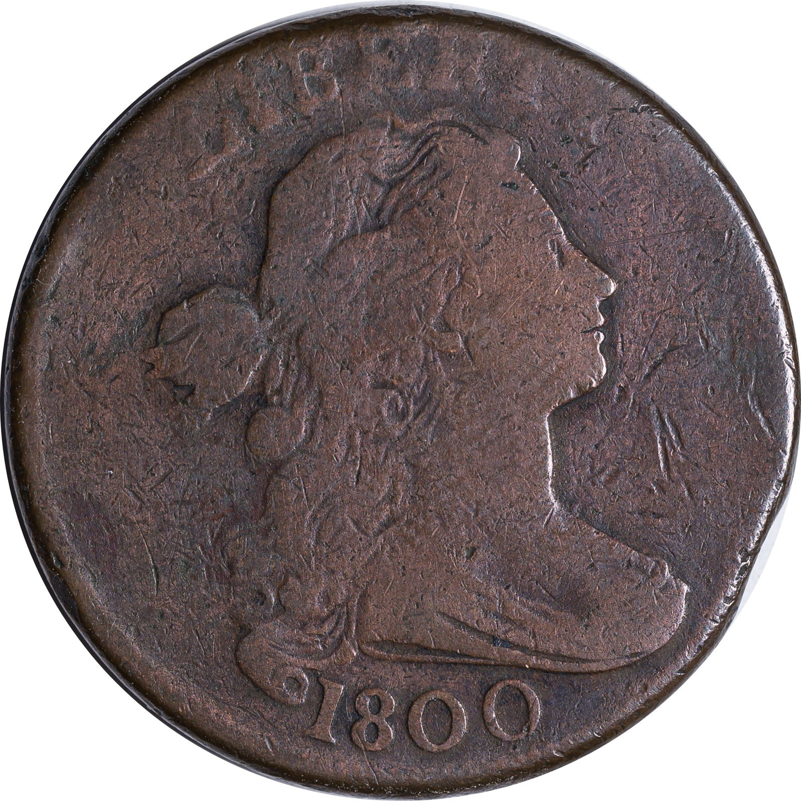 VG-8 1800 Large Cent: Sharpness congruent with the grade. Small rim clip at 5:00 on the obverse. Tiny ticks go unseen by the naked eye, otherwise a nice coin overall.