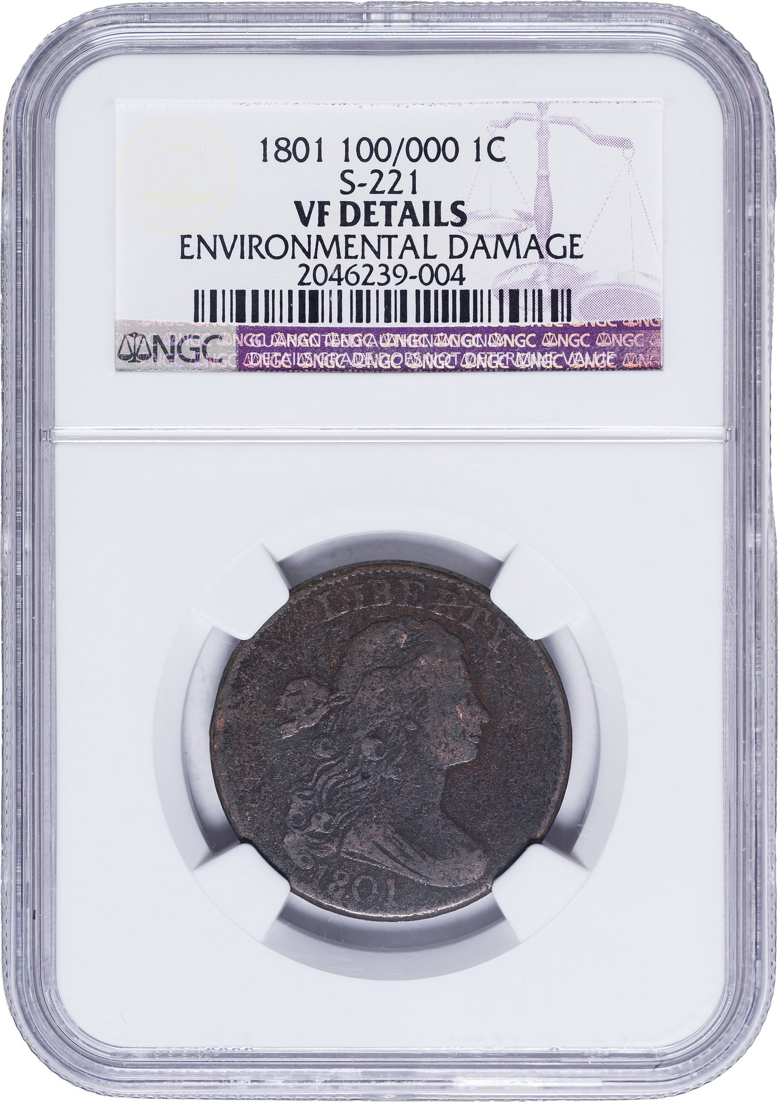 NGC VF Details 1801 Large Cent: Environmental Damage. S-221. 100/000 Fraction variety. Chocolate-brown with some faint microporosity present.