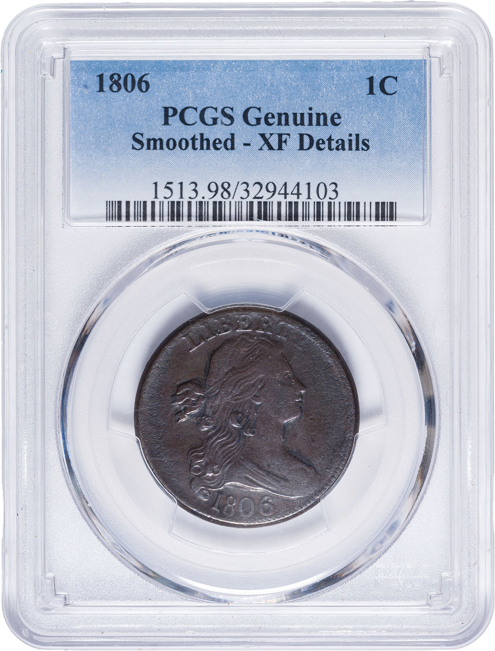 PCGS EF Details 1806 Large Cent: Genuine-Smoothed. A lovely chocolate-brown example with plenty of eye appeal in spite of the PCGS qualifier. The devices are crisp and sharp, and the surfaces are essentially unmarked. Don't miss