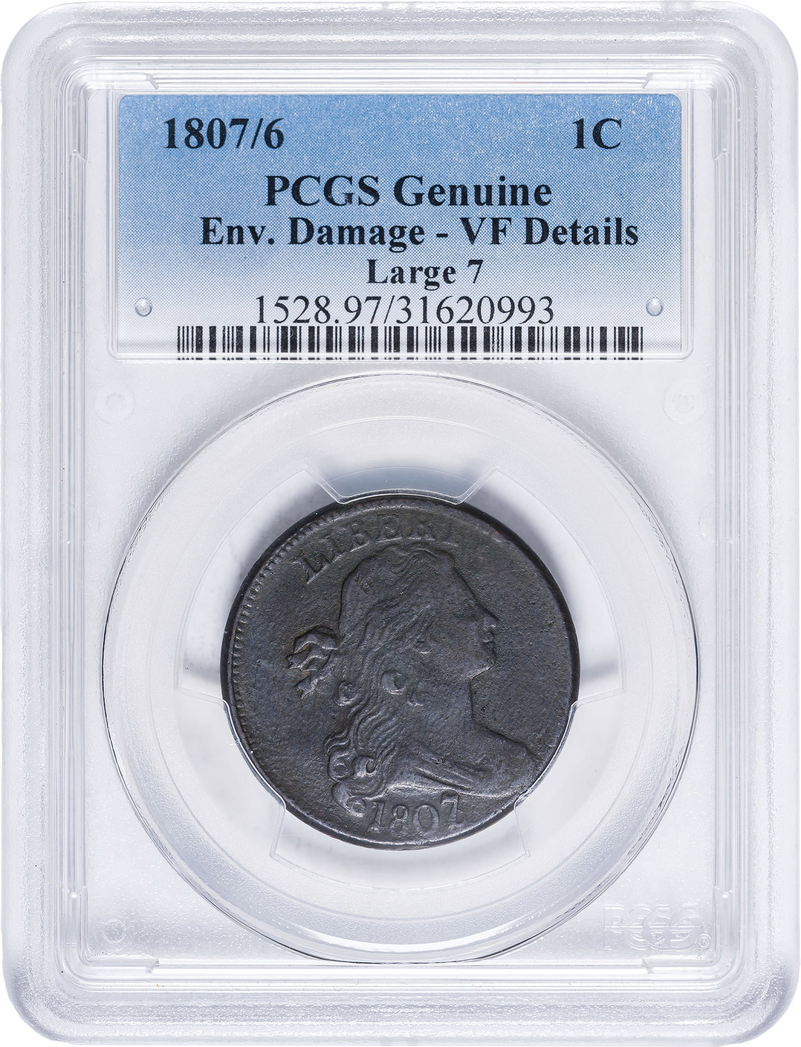 PCGS VF Details 1807/6 Large Cent: Genuine-Environmental Damage. Pointed 1. A medium chocolate-brown example that presents a good face in spite of faint microporosity. Strong details and devoid of noticeable marks.