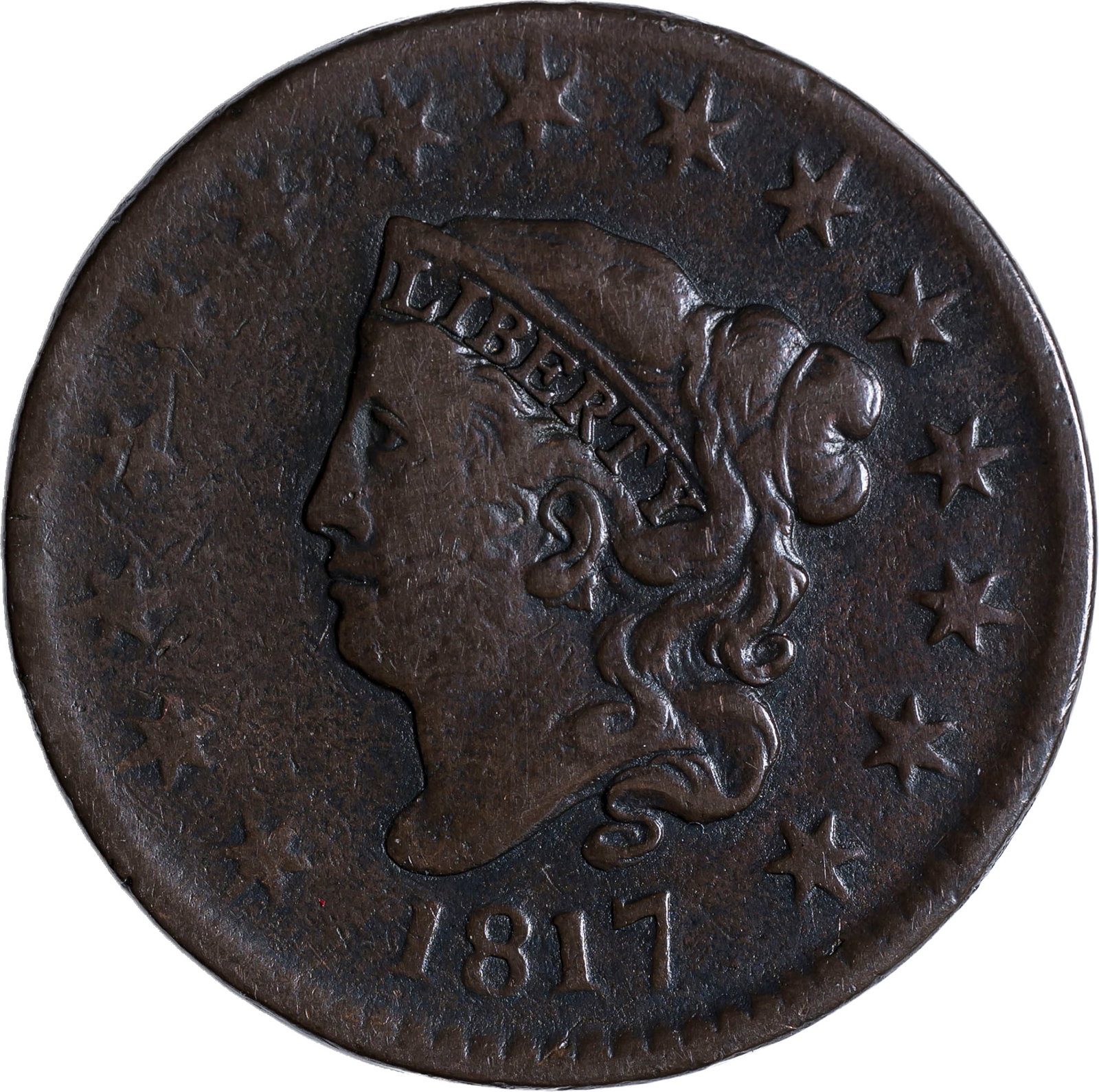 VF-20 1817 15 Stars Large Cent: Medium chocolate-brown surfaces, problem-free and worthy of strong bids.