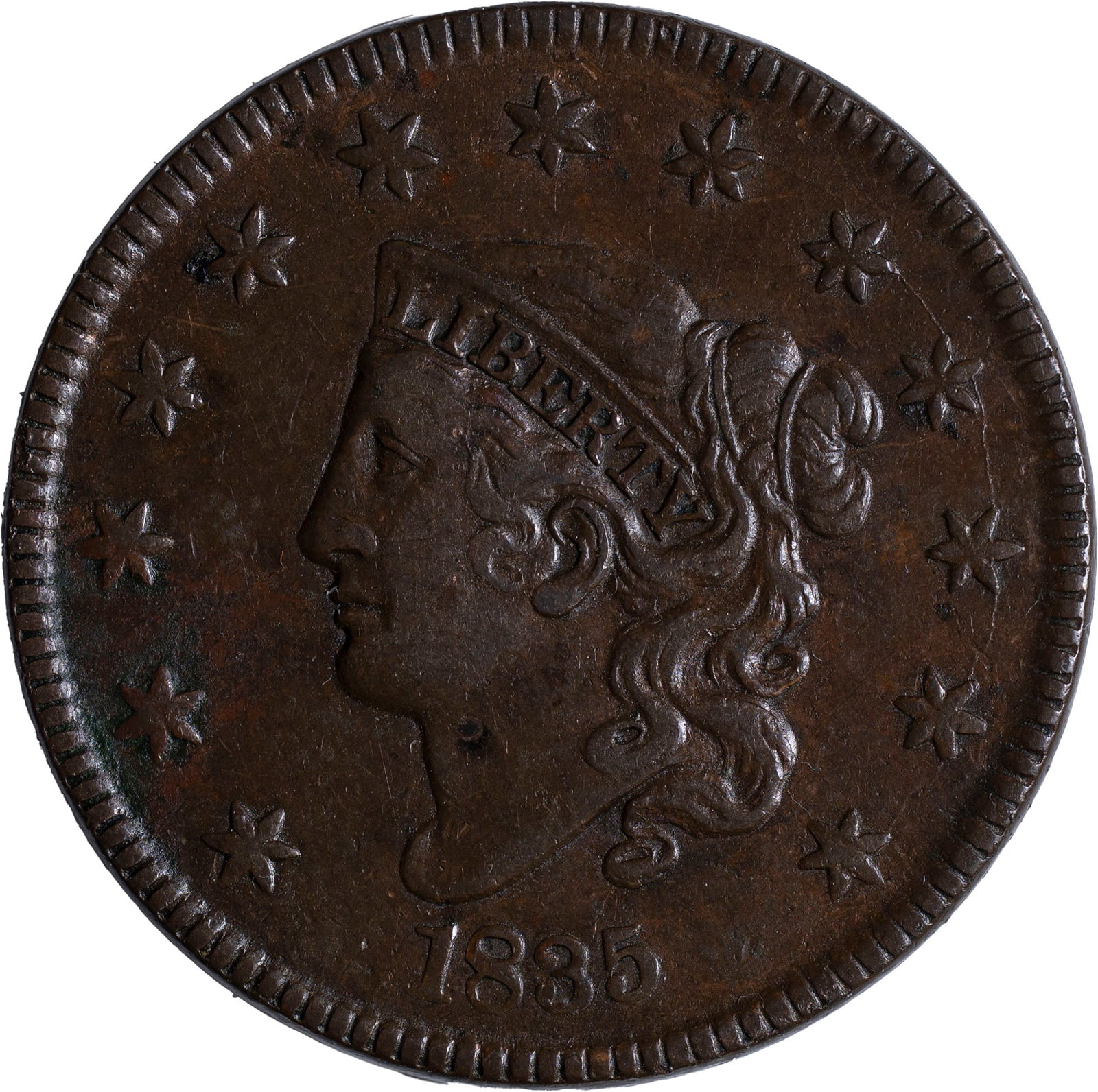 Scarce AU-50 1835 Large Cent: Large 8, Large Stars. An exceptional deep chestnut-brown cent with bold devices and no marks of consequence. Lovely.