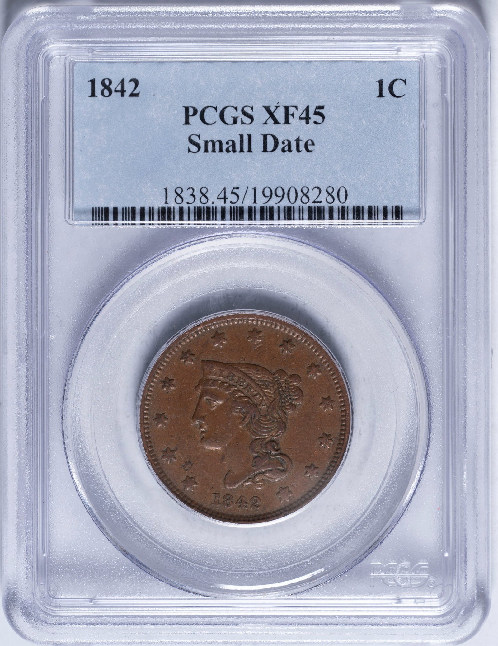 PCGS EF-45 1842 Small Date Large Cent: N-1 R-3. Light brown and quite choice for the grade.