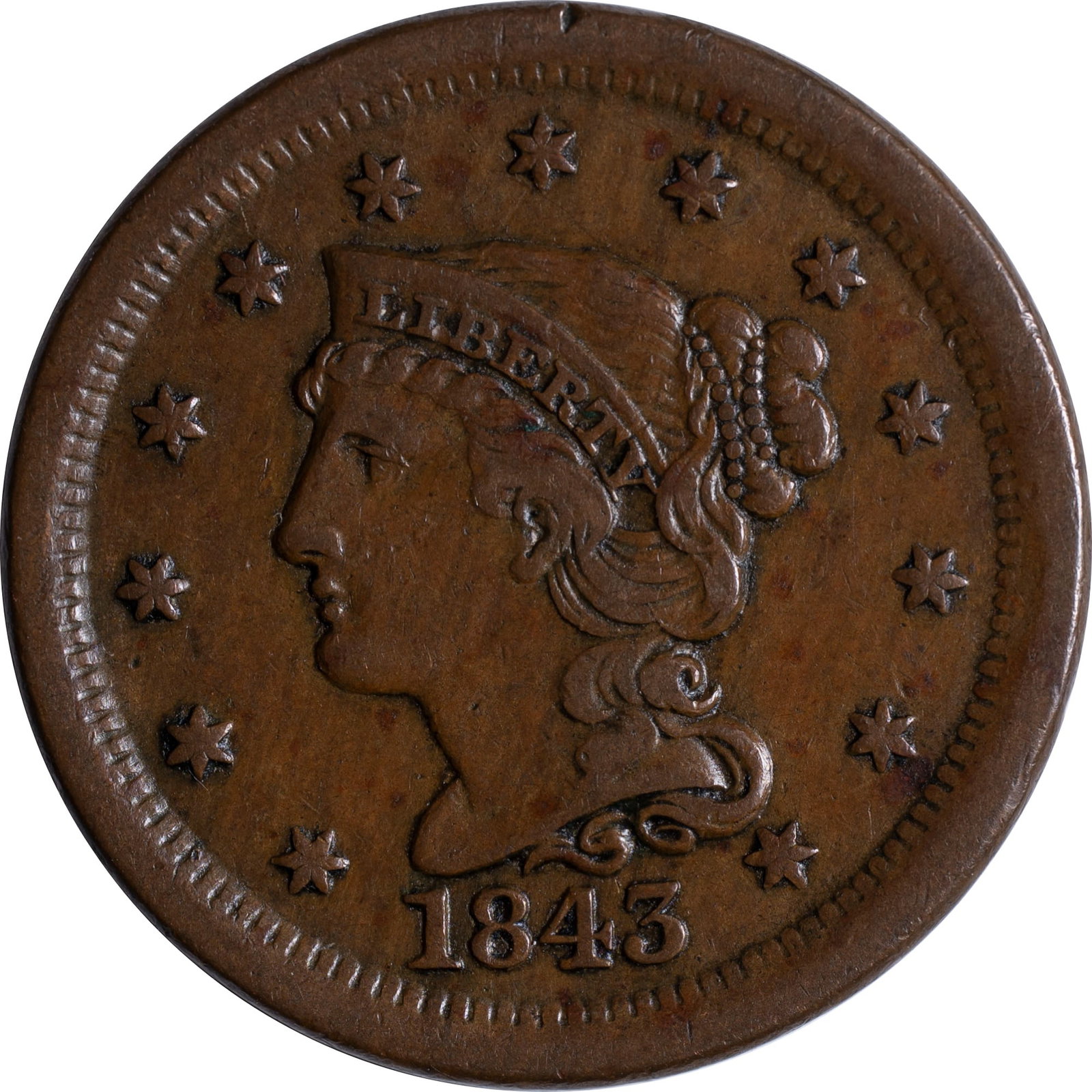 VF-35 1843 Mature Head Large Cent: Medium brown. Scarce in high grades.