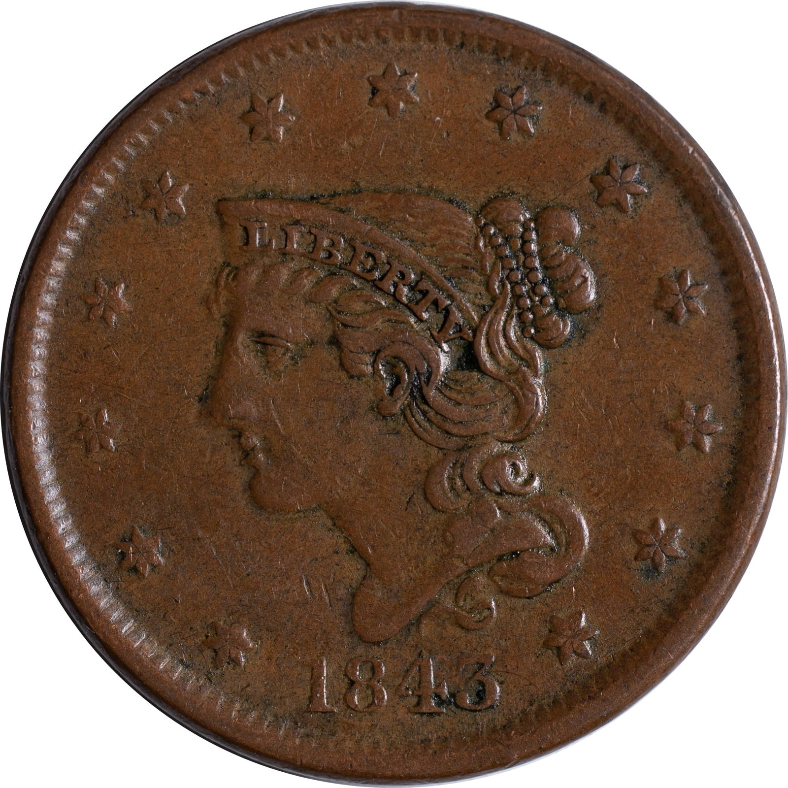 EF-45 1843 Petite Head Large Cent: Small letters reverse. Light brown and choice for the grade.