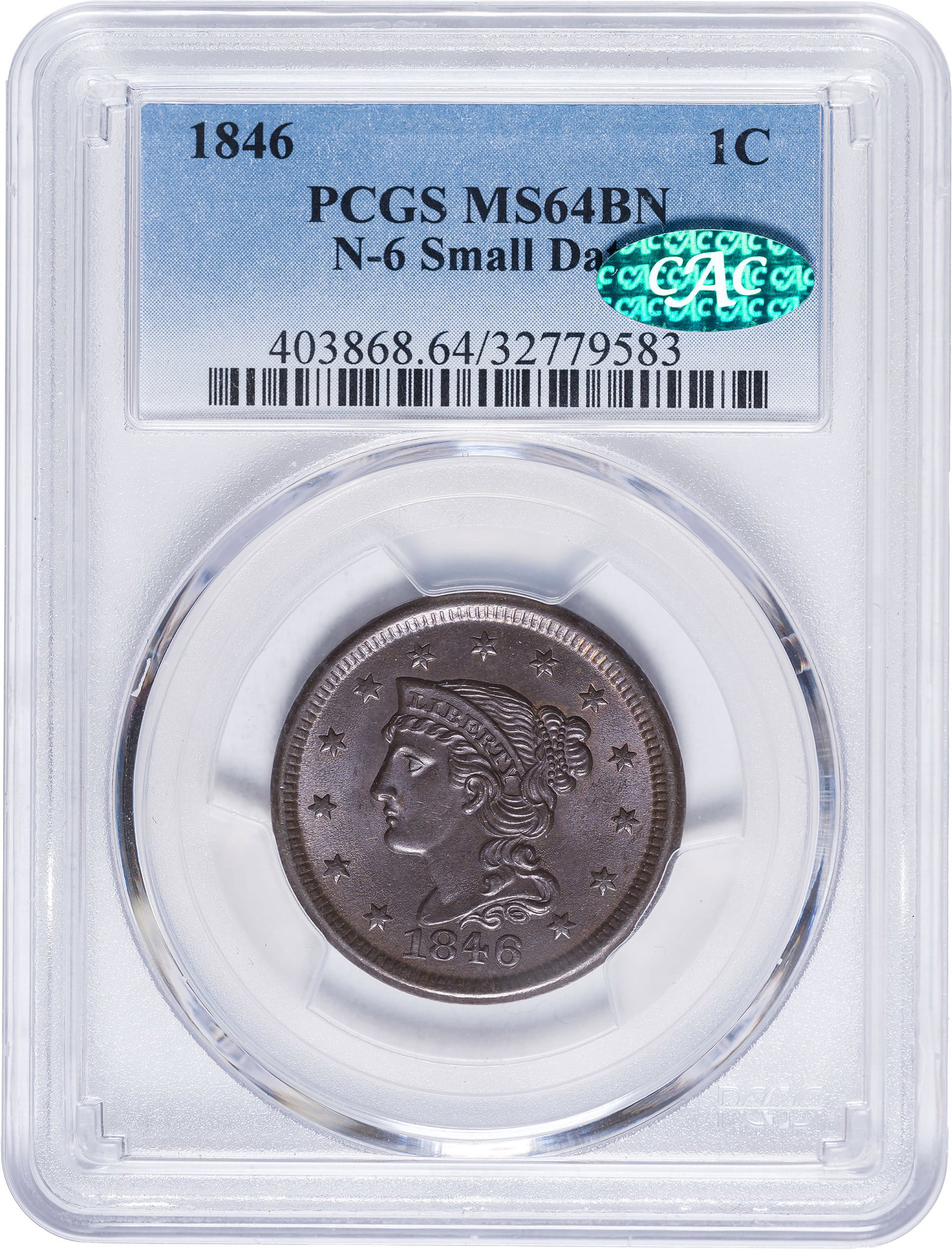 PCGS MS-64 BN CAC 1846 Large Cent: N-6, Small Date. Intensely lustrous and sharply rendered, a true Gem large cent at every turn. Essentially flawless, and definitely worthy of the MS-65 mantle.