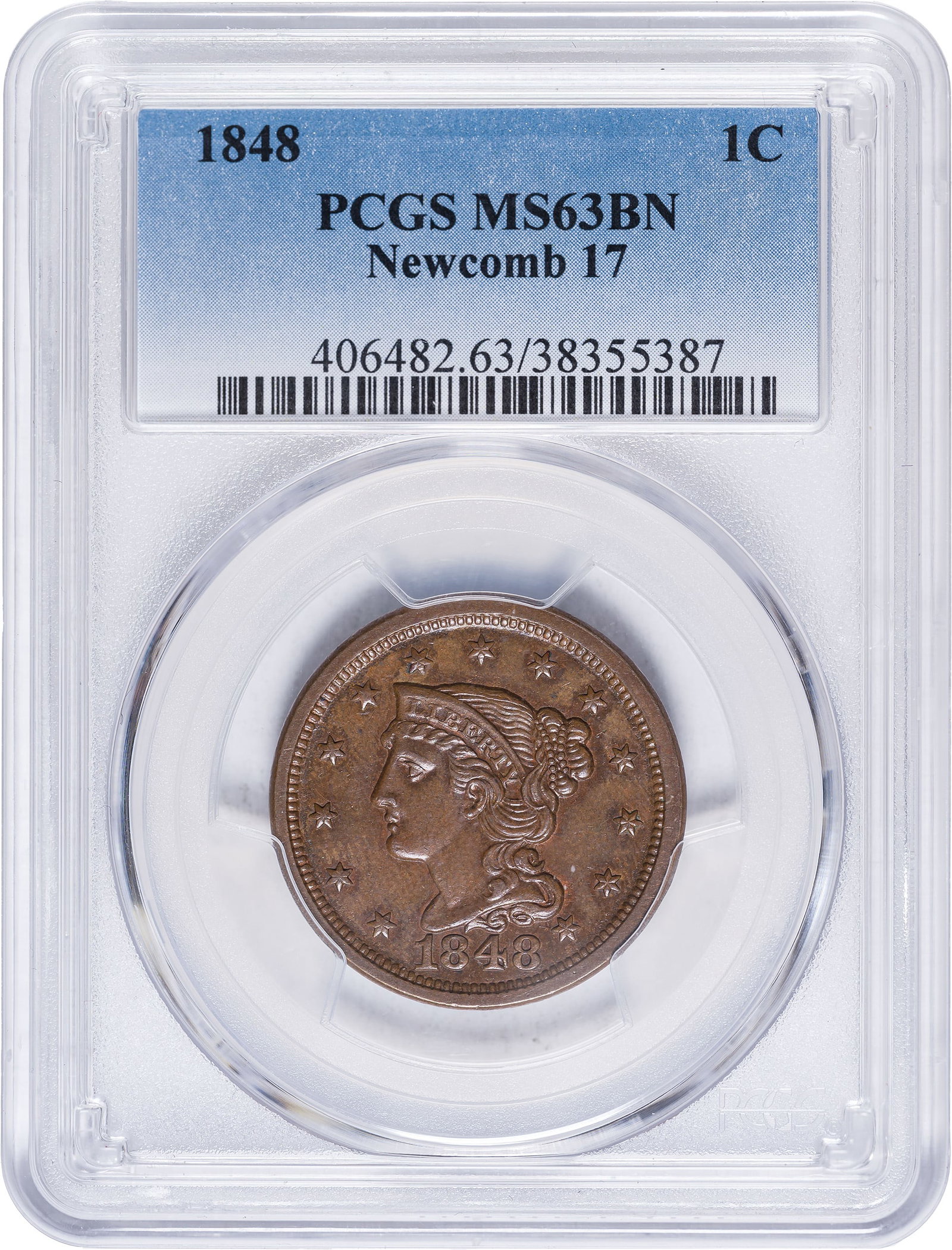 PCGS MS-63 BN 1848 Large Cent: N-17. Sharply struck and possessed of lively luster, this golden-tan specimen enjoys trace red on the reverse. Choice.