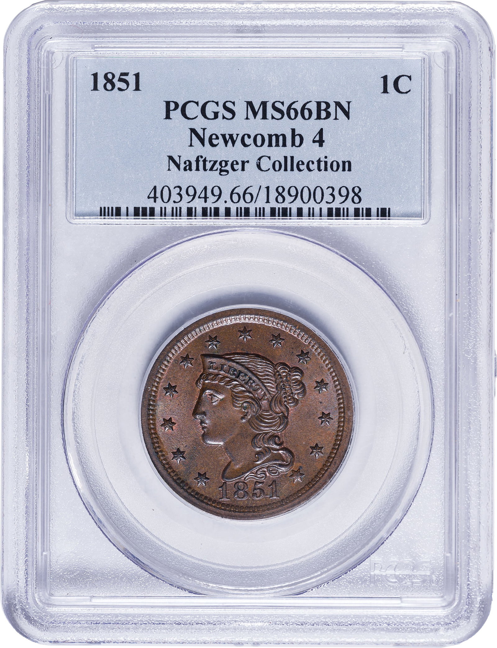 PCGS MS-66 BN 1851 Large Cent: Ex Naftzger Collection. N-4. An extraordinarily beautiful large cent from any perspective. The deep golden-tan surfaces offer boldly rendered designs and exceptional eye appeal. Multiple repunching