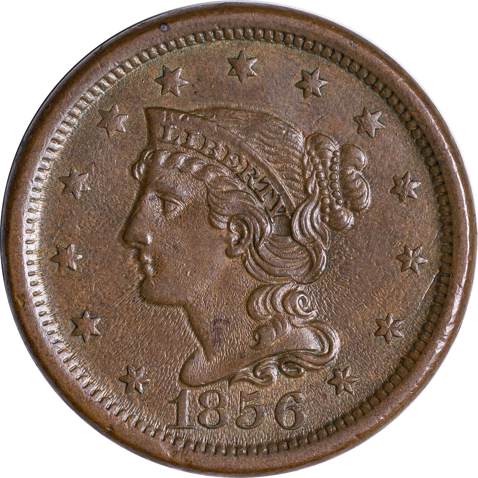 MS-60+ BN 1856 Large Cent: Upright 5. Smooth and mark-free golden-brown surfaces.