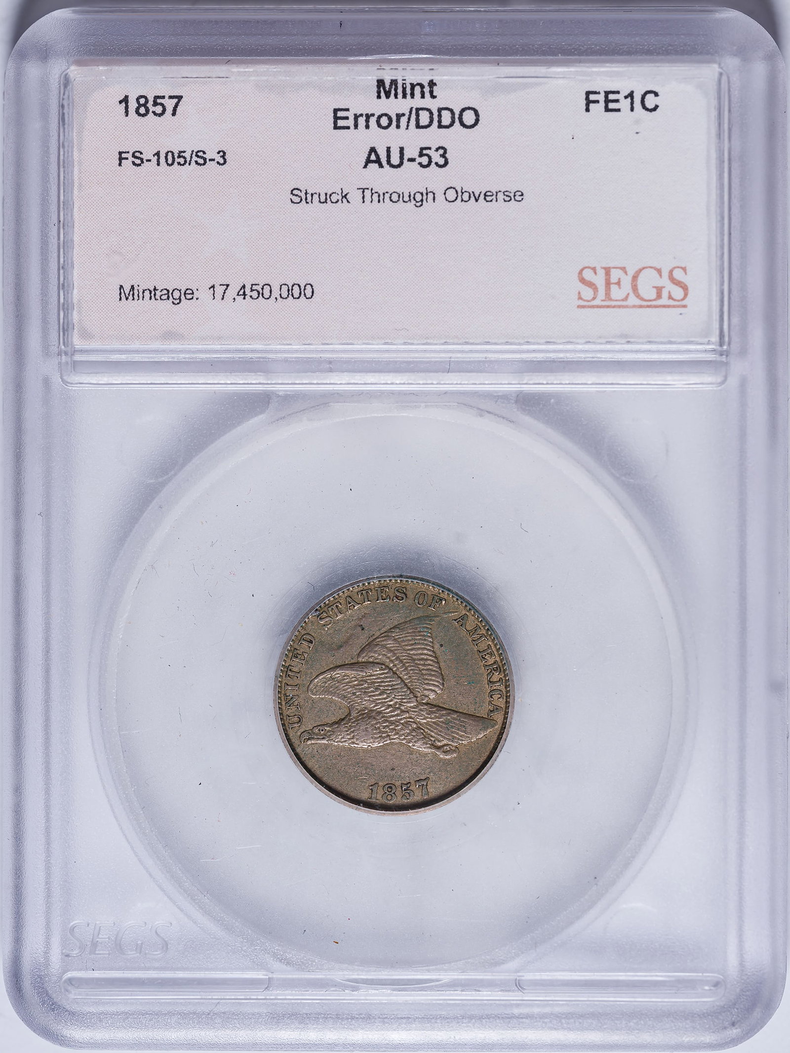 SEGS AU-53 1857 Flying Eagle Cent: We're more comfortable at EF-40 for a grade. FS-105, Snow-3. DDO. Struck Through Grease. Pleasing golden mark-free surfaces.