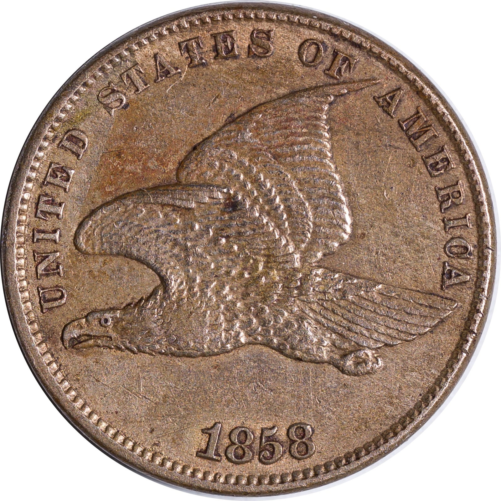 EF-40 1858 Small Letters Flying Eagle Cent: Attractive golden surfaces offer strong details for the grade.