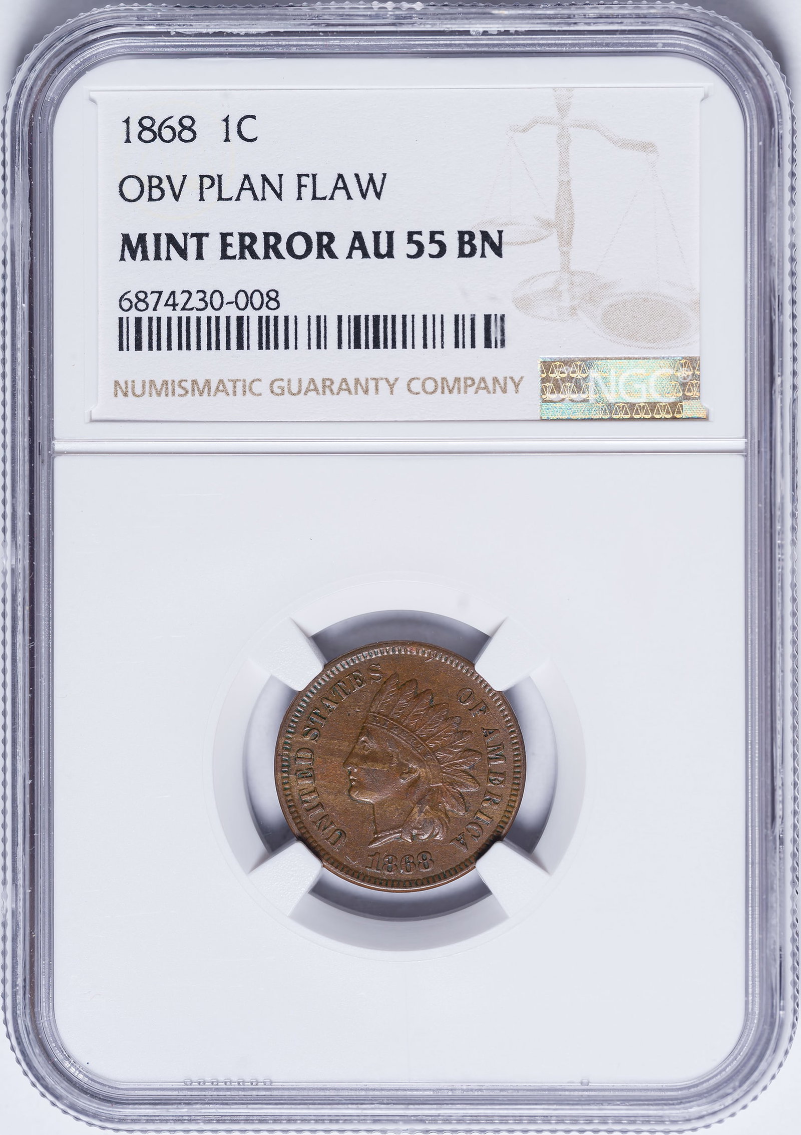 NGC AU-55 Mint Error 1868 Indian Cent (1 of 2)