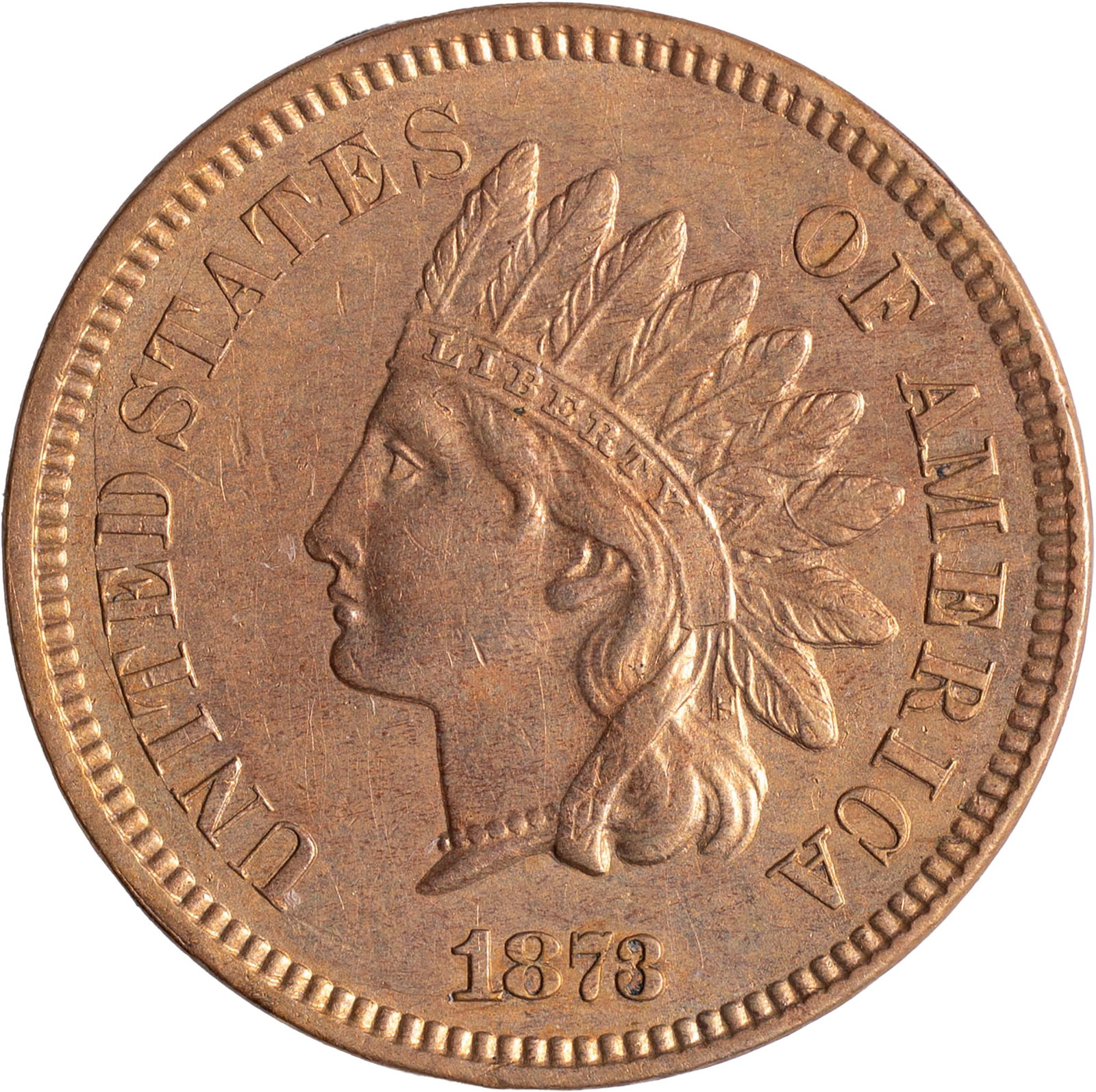 AU+ Details 1873 Closed 3 Indian Cent: Dipped or lightly cleaned long ago.