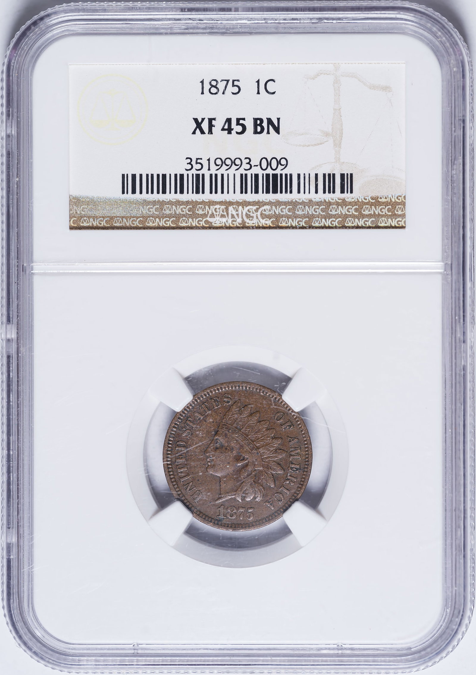 NGC EF-45 1875 Indian Cent: Evenly worn dark brown surfaces.