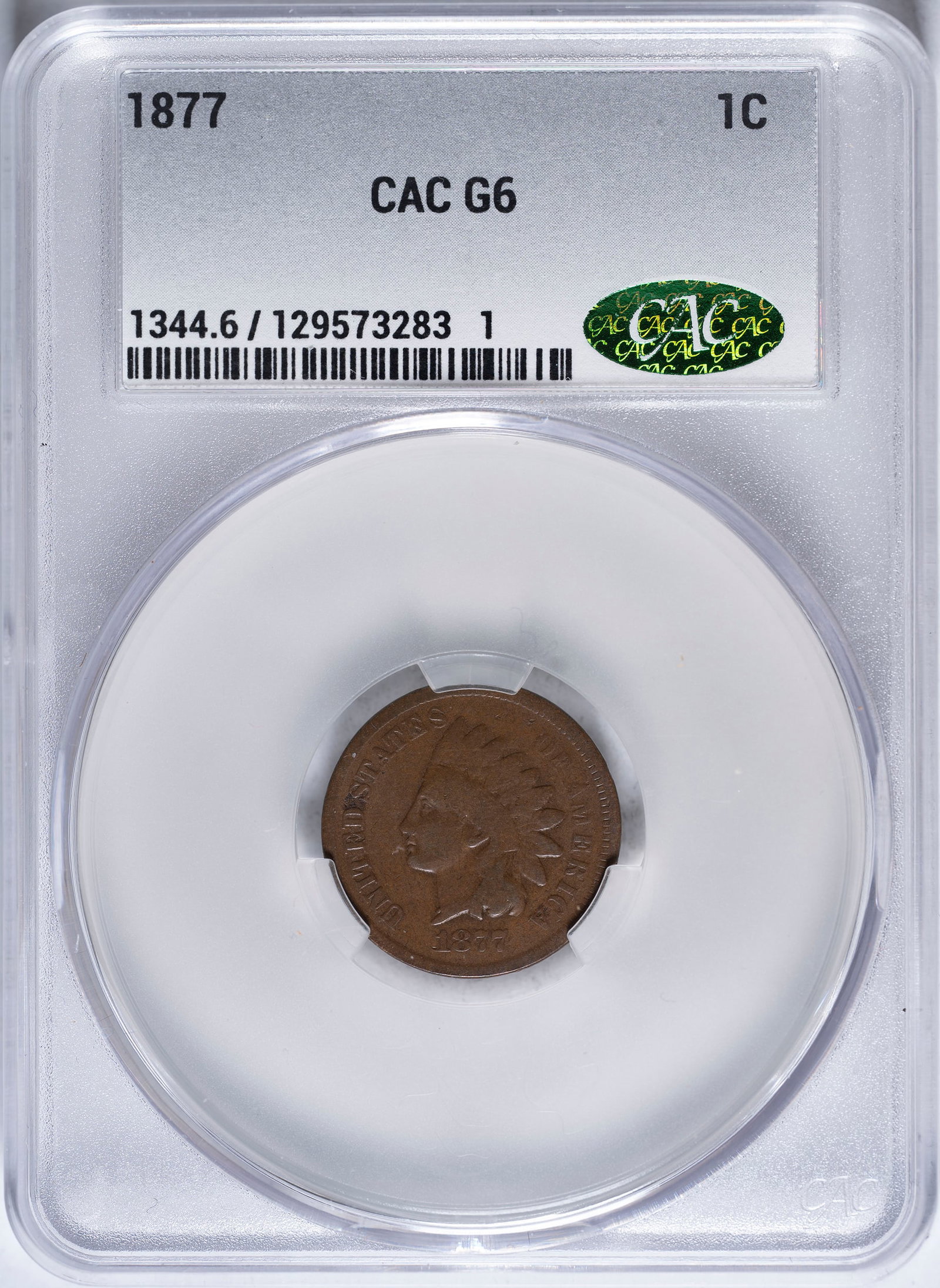 CACG G-6 1877 Indian Cent: Light brown with smooth, problem free surfaces. Nice than many VG's you will see.