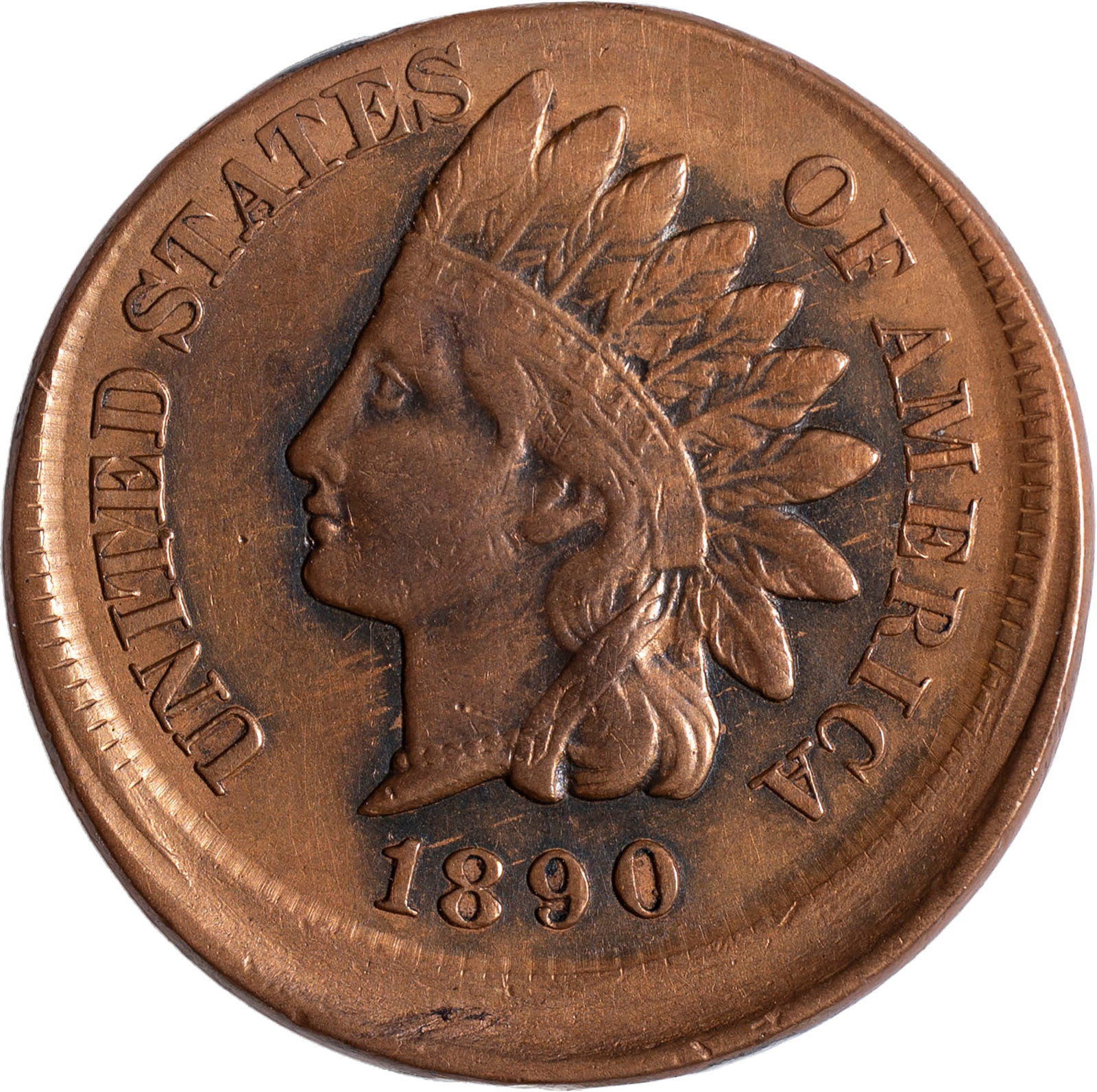 EF Details 1890 Off Center Indian Cent: Struck about 10% off center with surfaces that show evidence of a past cleaning.