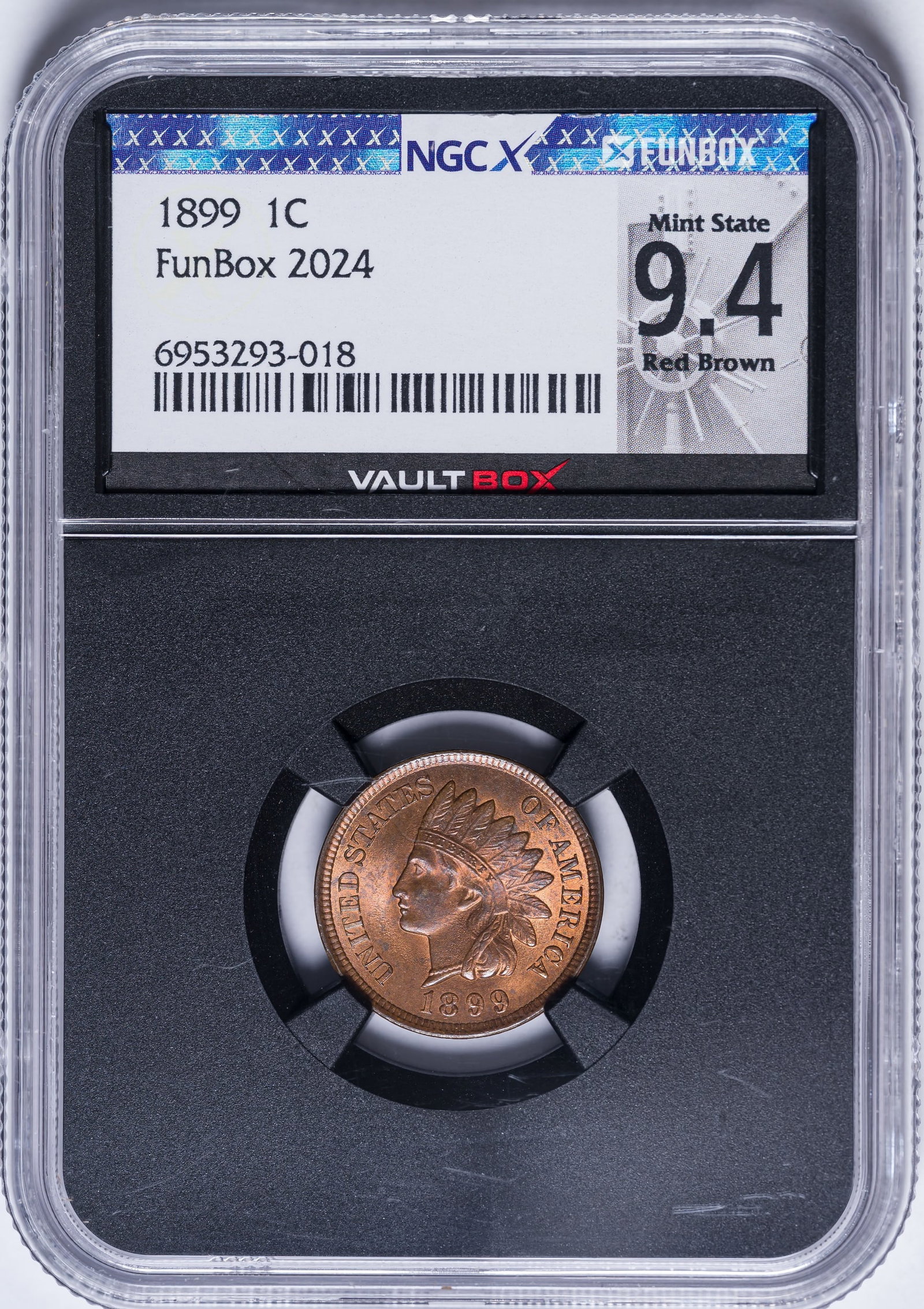NGC MS-9.4 RB 1899 Indian Cent: Black insert NGC Vault Box holder sans Sheldon scale number, here called "9.4" on some new-fangled grading scale. Largely red with plenty of luster, and with soft lilac highlights on the high points.