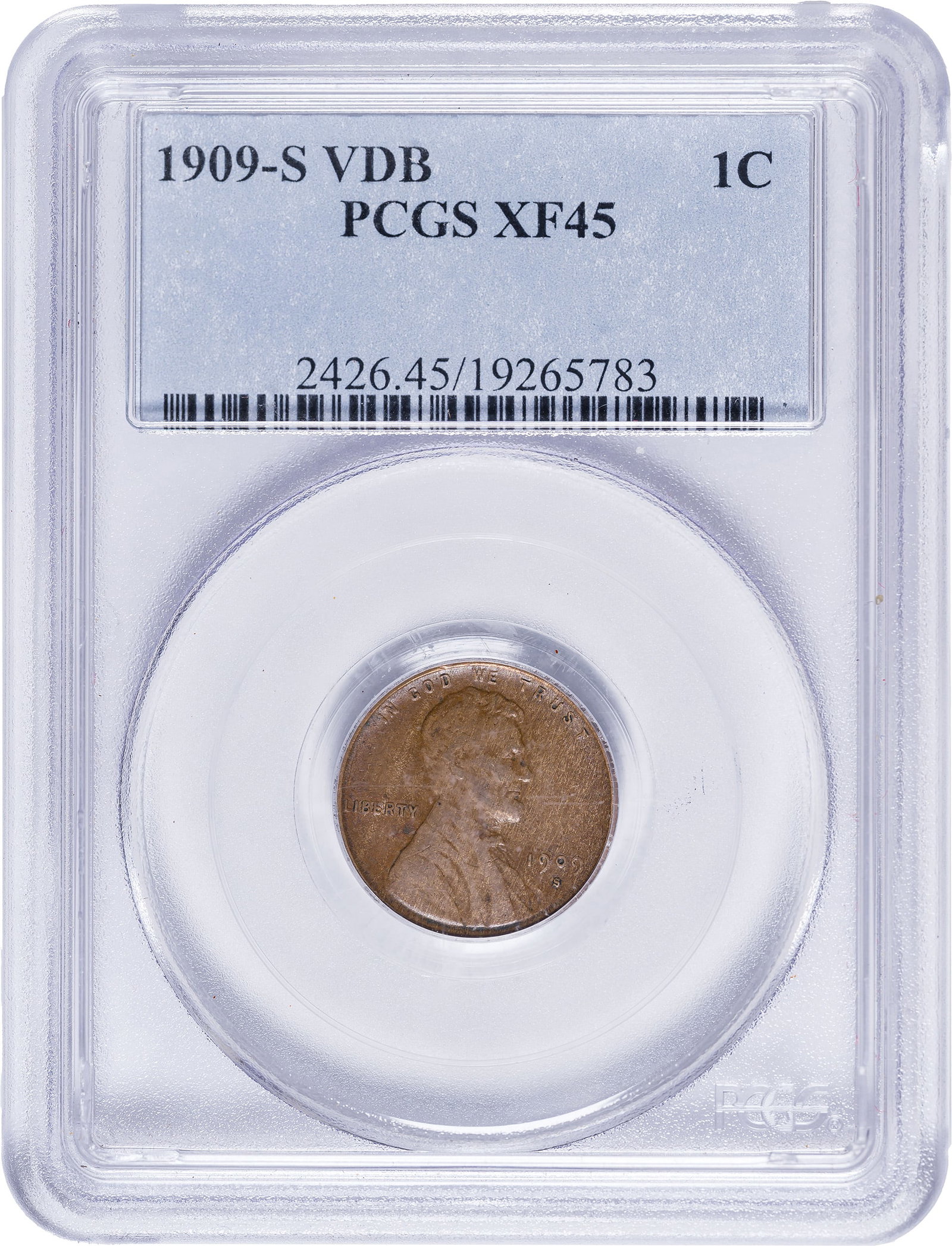 PCGS EF-45 1909-S V.D.B. Lincoln Cent: A pleasing golden-tan example of one of America's favorite rarities. A glass reveals a pleasing woodgrain surface effect. Choice and mark-free.
