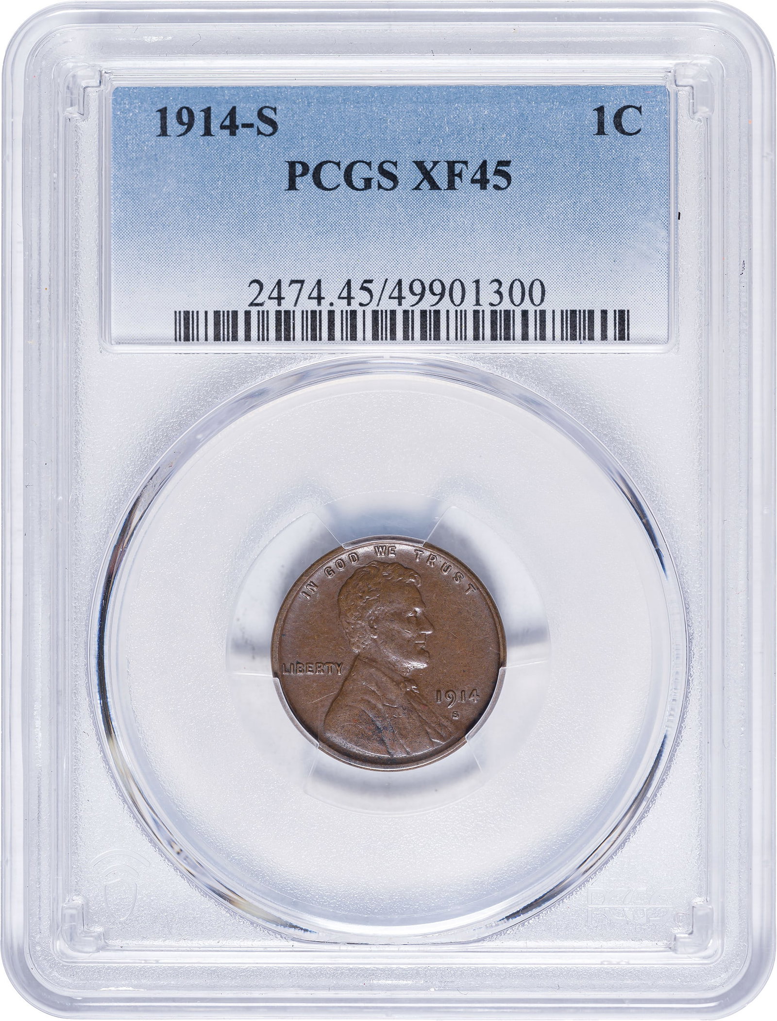 PCGS EF-45 1914-S Lincoln Cent: Deep golden-tan with mark-free surfaces.