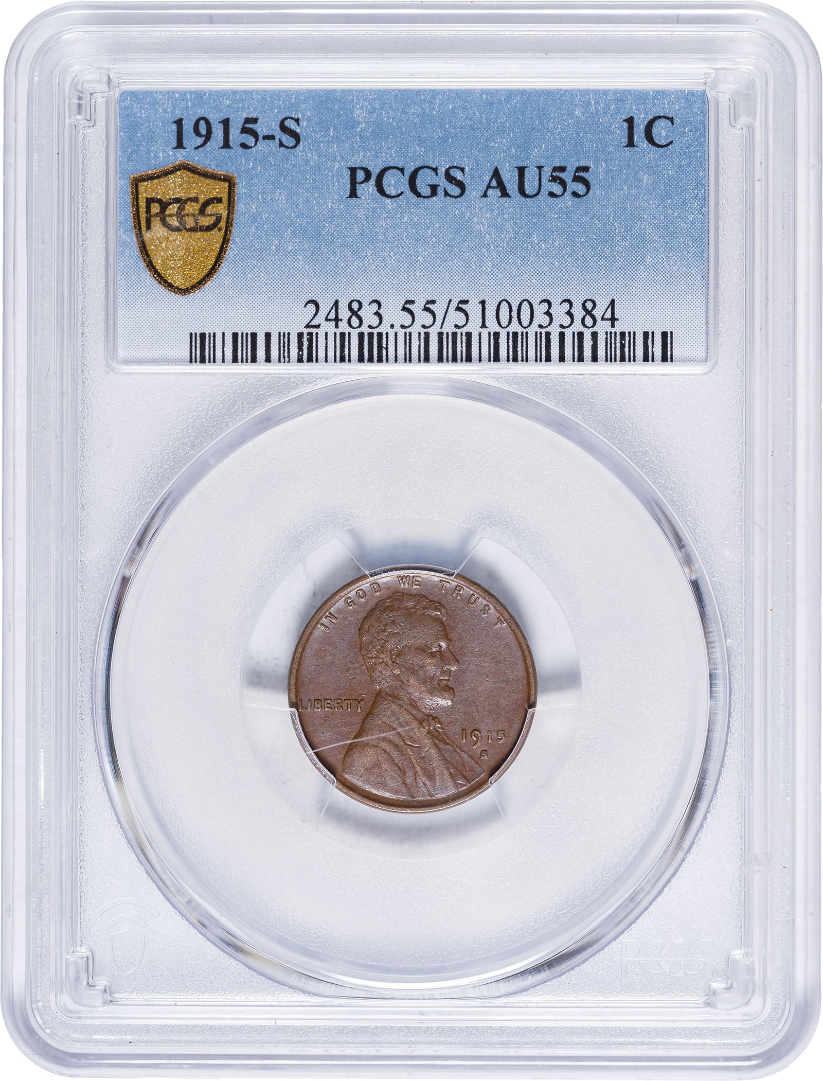 PCGS AU-55 1915-S Lincoln Cent: Glossy golden-brown and mark-free surfaces.