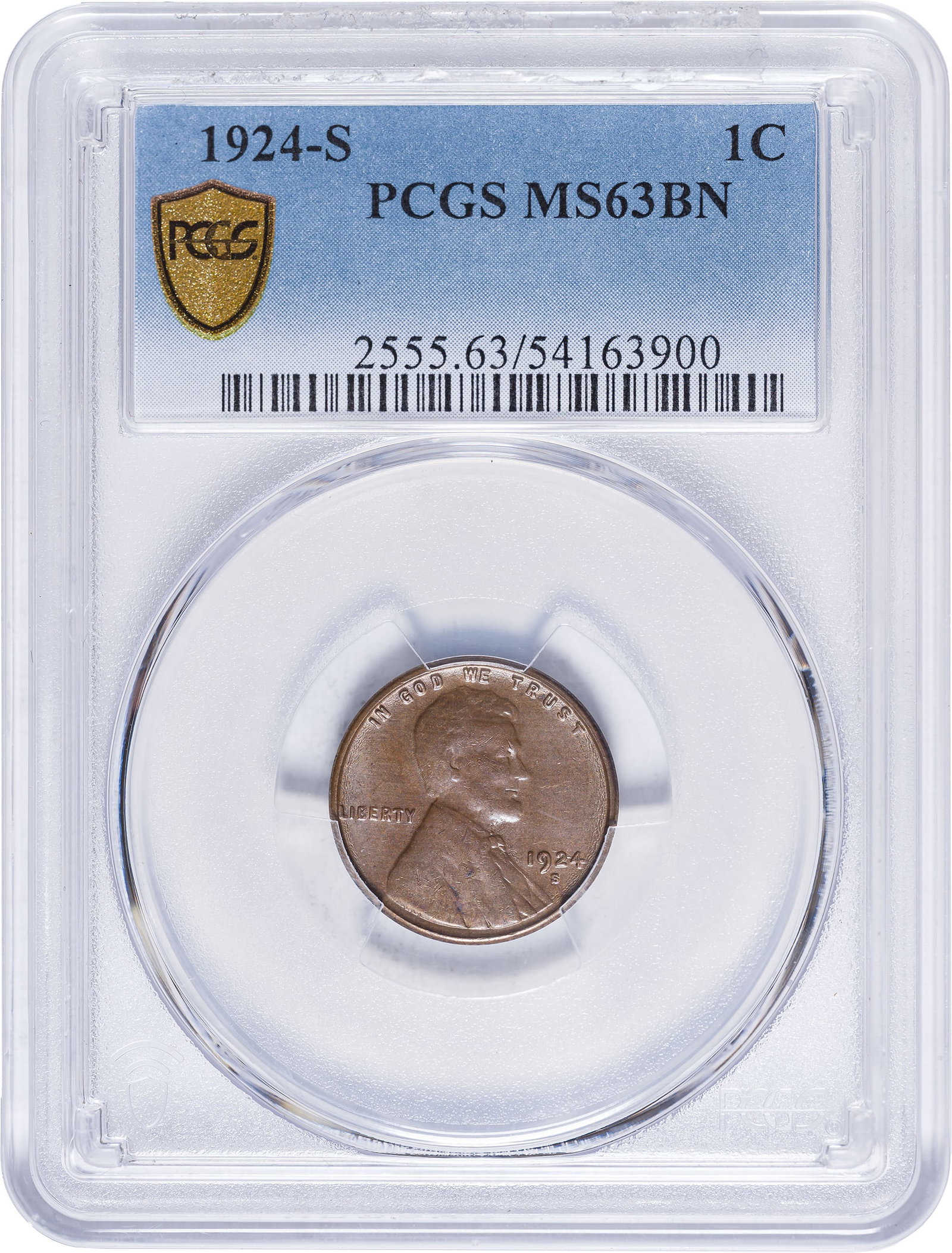 PCGS MS-63 BN 1924-S Lincoln Cent: A satiny and lustrous golden-tan specimen that enjoys semi-key status at this grade.