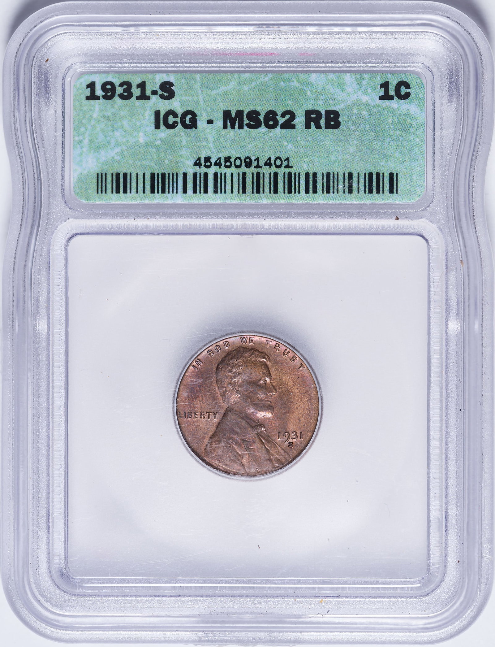 ICG MS-62 RB 1931-S Lincoln Cent: A lustrous piece with satiny red surfaces warmed by lively tan iridescence.