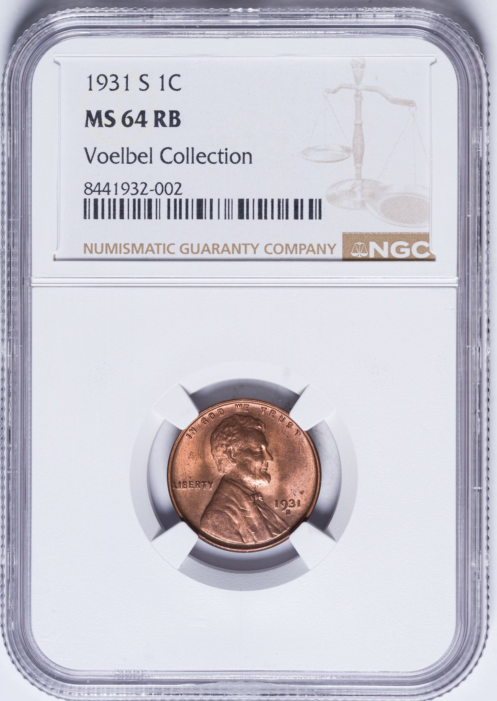 NGC MS-64 RB 1931-S Lincoln Cent: Lustrous red throughout with a whisper of tan iridescence.