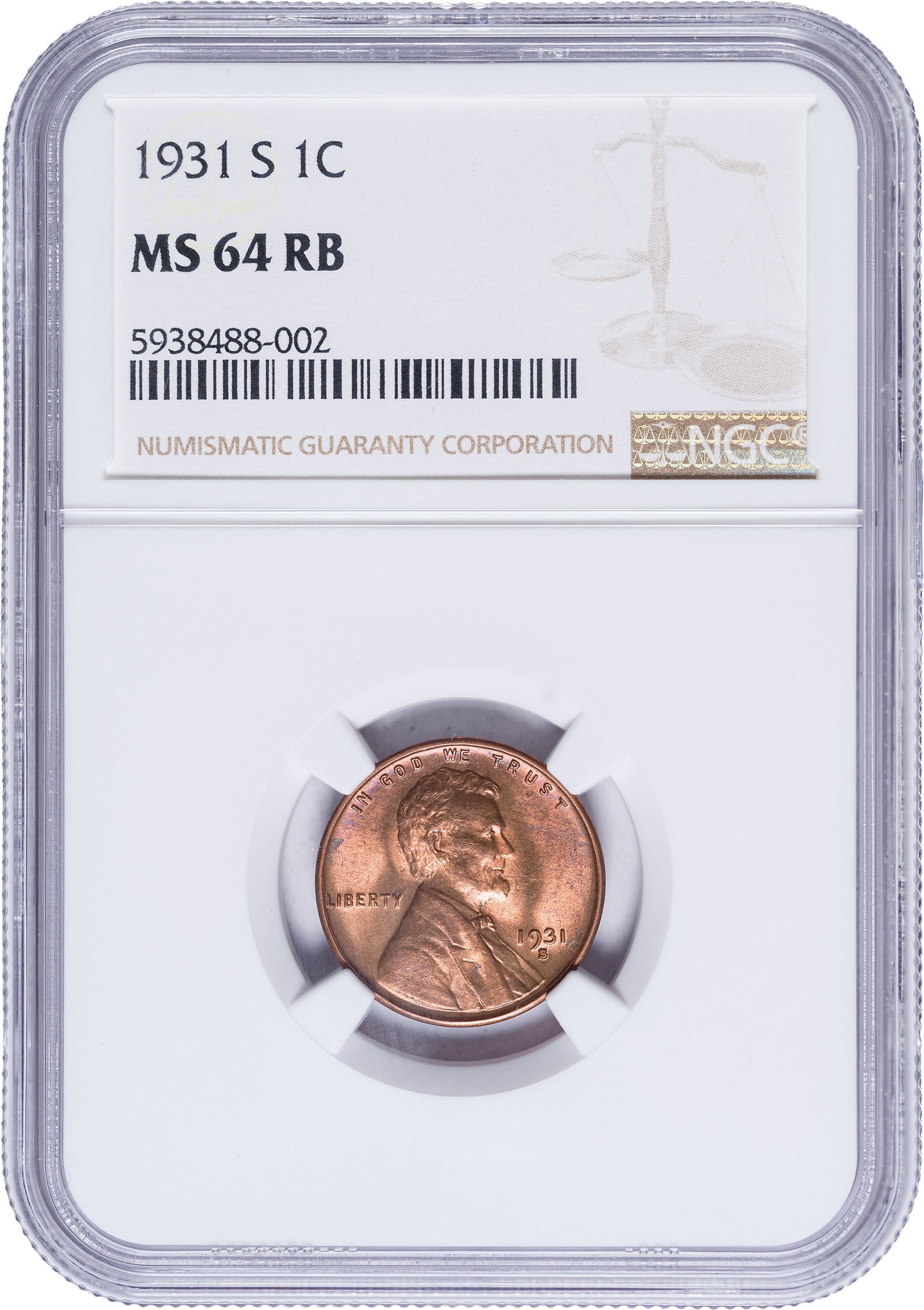 NGC MS-64 RB 1931-S Lincoln Cent: Bright and lustrous, and easily 90% or better in the red range. An ever-popular semi-key issue in a highly collectable grade.