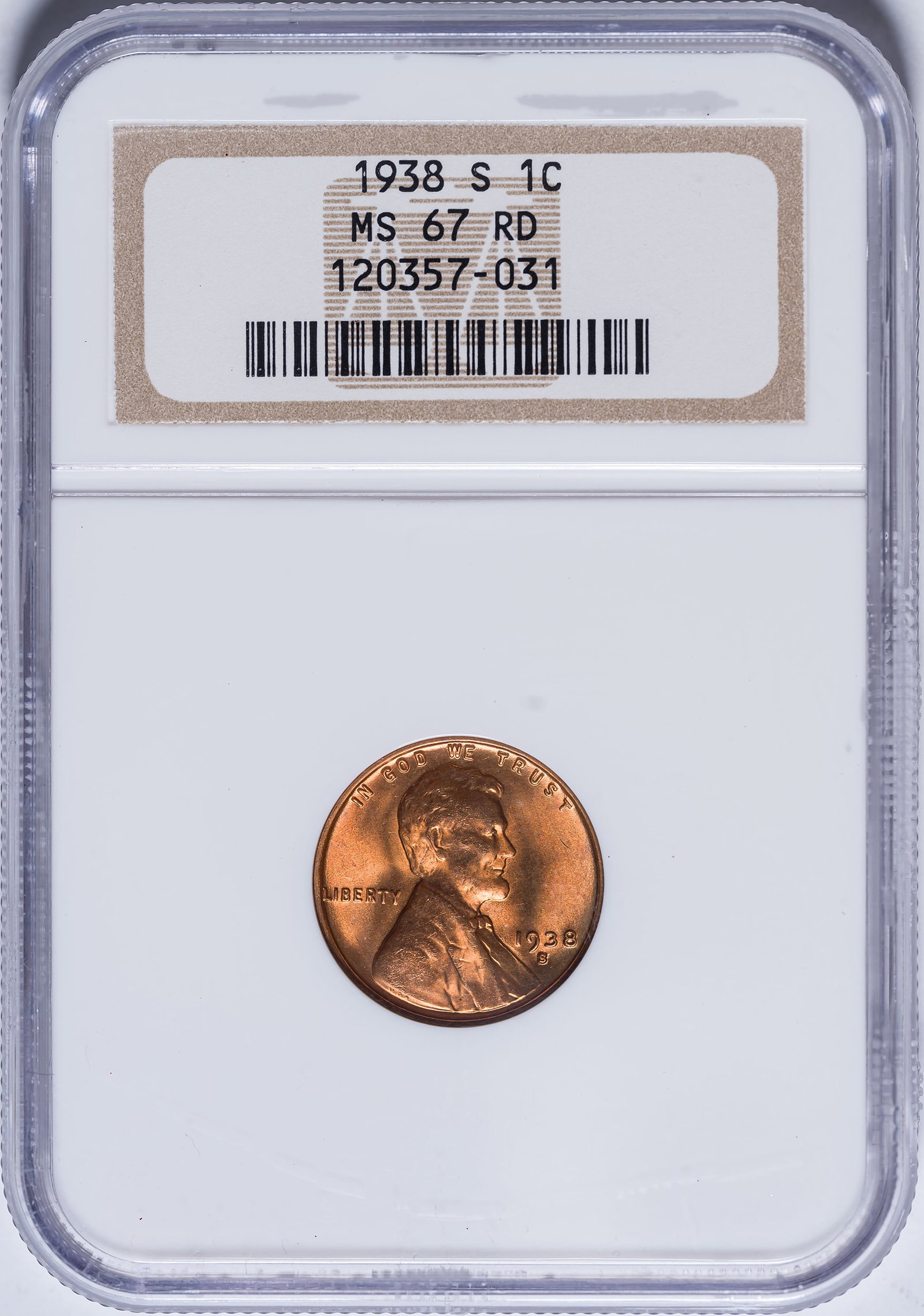 NGC MS-67 RD 1938-S Lincoln Cent: Blazing red surfaces and lively luster earmark this bright Gem.