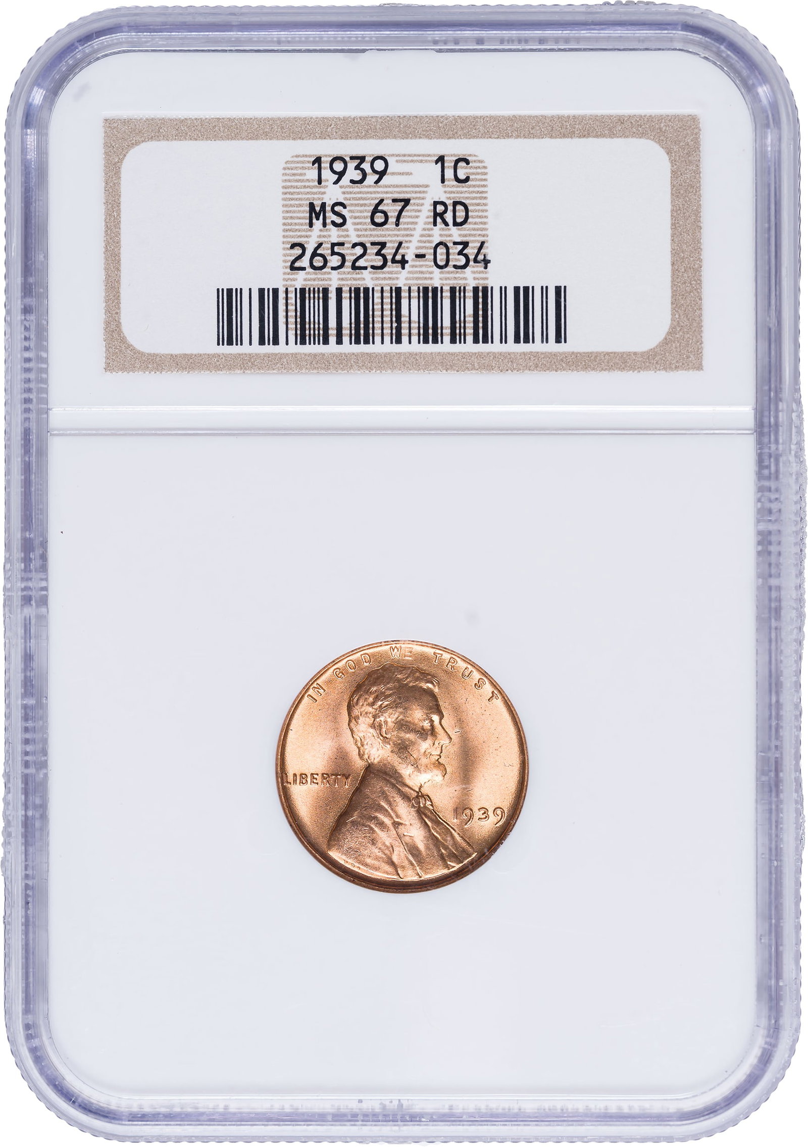 NGC MS-67 RD 1939 Lincoln Cent: As frosty, bright, and lustrous as you could want. True Gem quality.