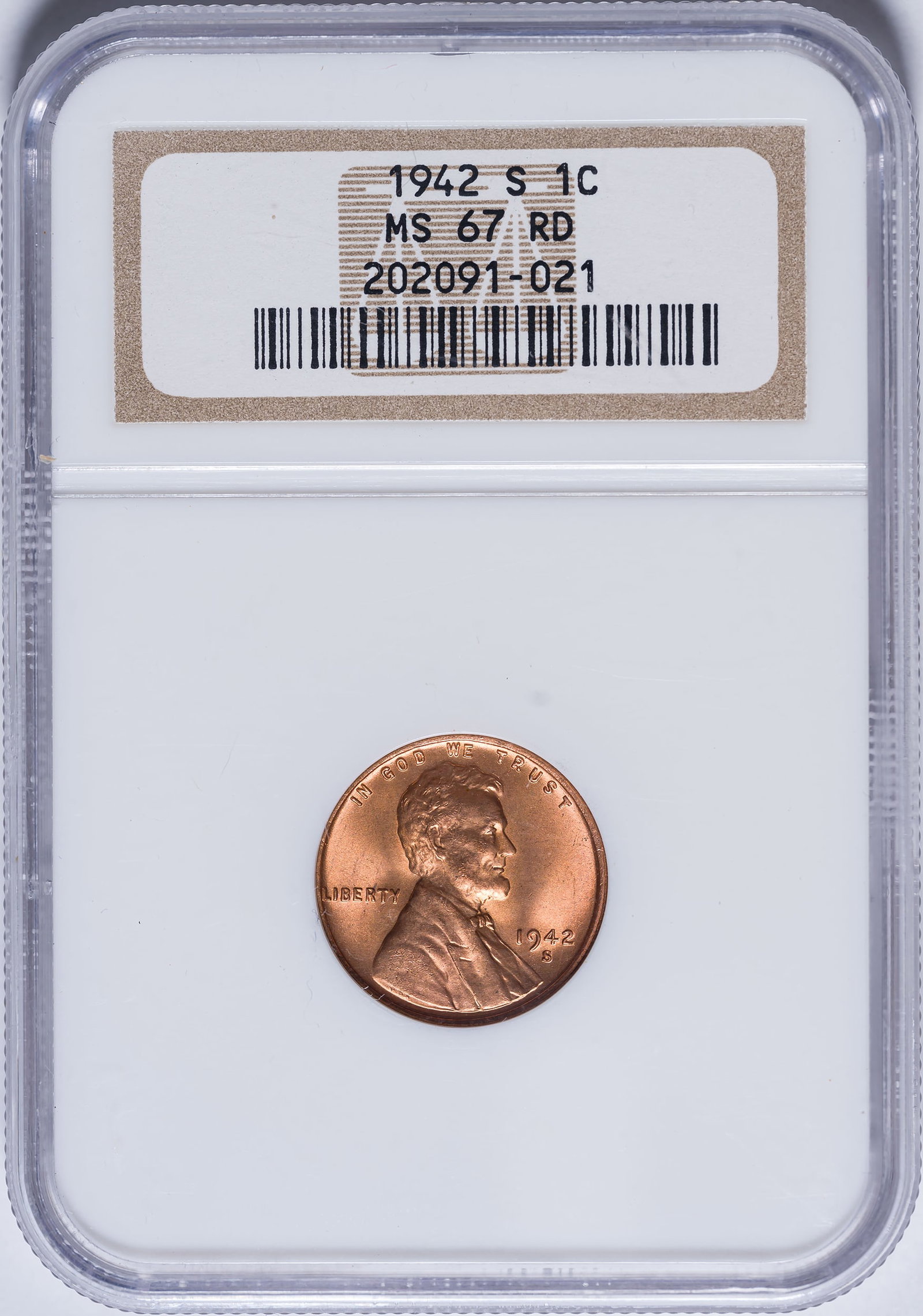 NGC MS-67 RD 1942-S Lincoln Cent: A frosty red Gem of the finest order.