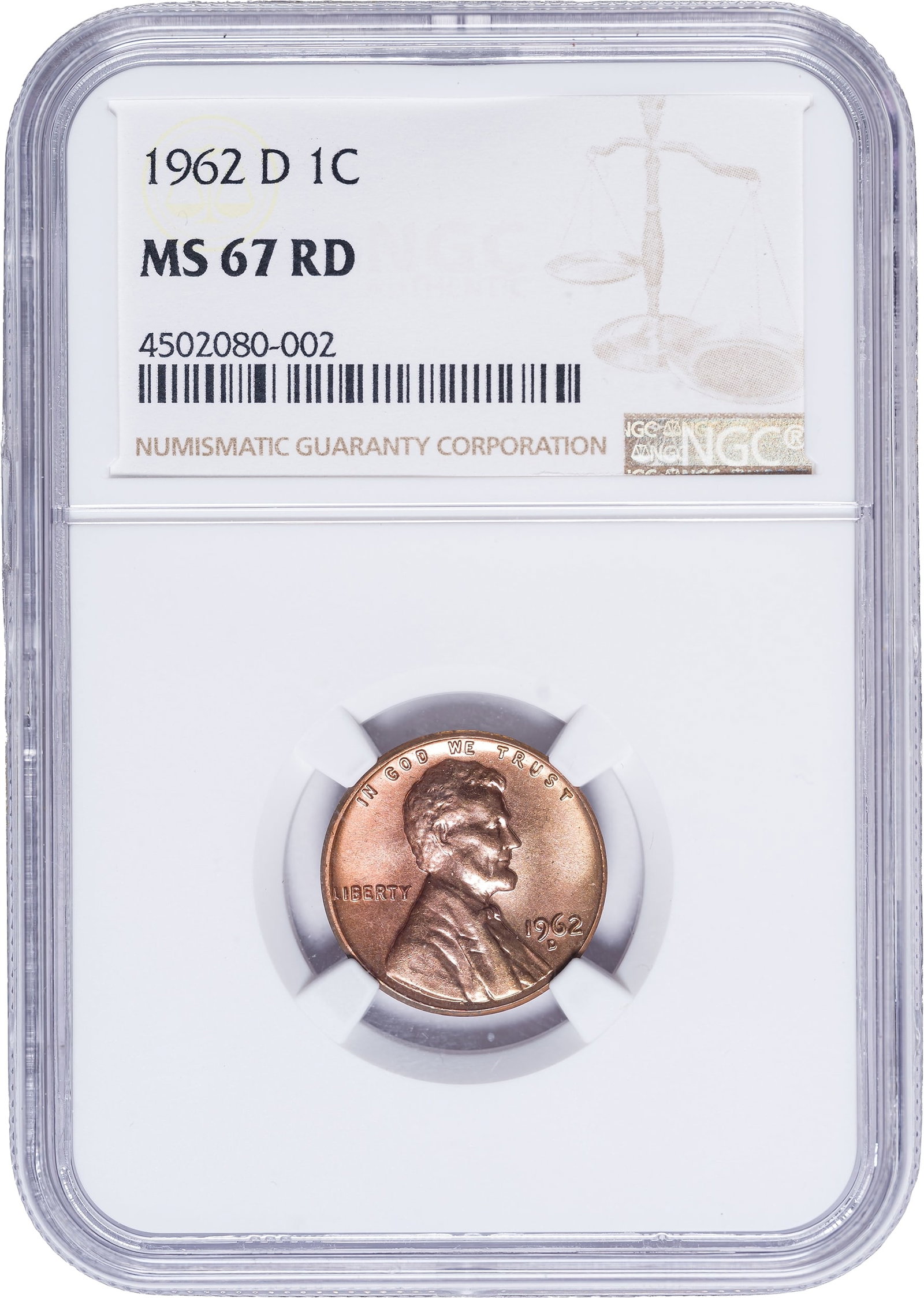 NGC MS-67 RD 1962-D Lincoln Cent: As bright and satiny as the day it left the press 64 years ago. Tied for finest RD at NGC Census: 43, none finer, plus 7 at MS-67 RD+.