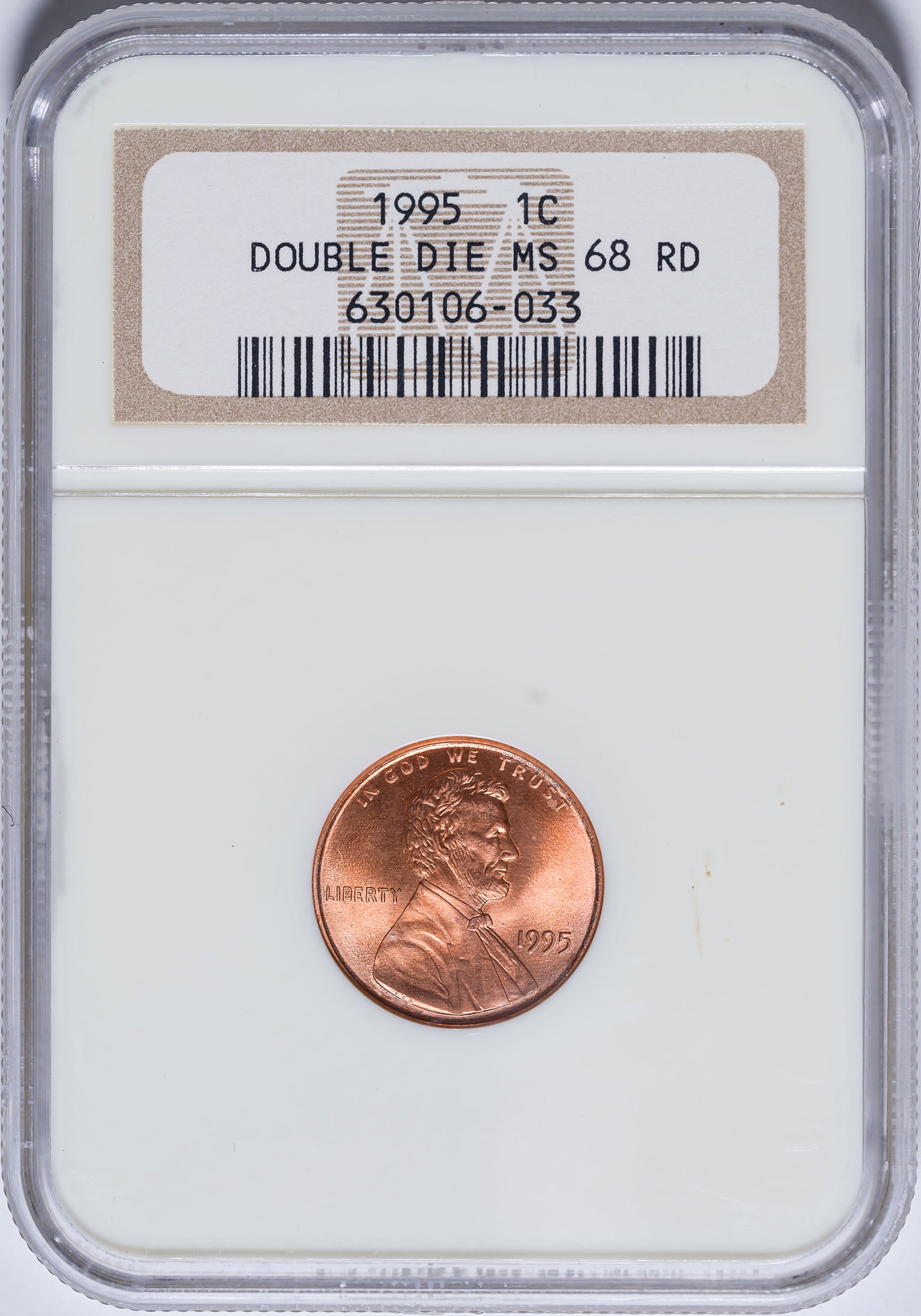 NGC MS-68 RD Doubled Die 1995 Lincoln Cent: Blazing red surfaces, as struck and intensely lustrous.
