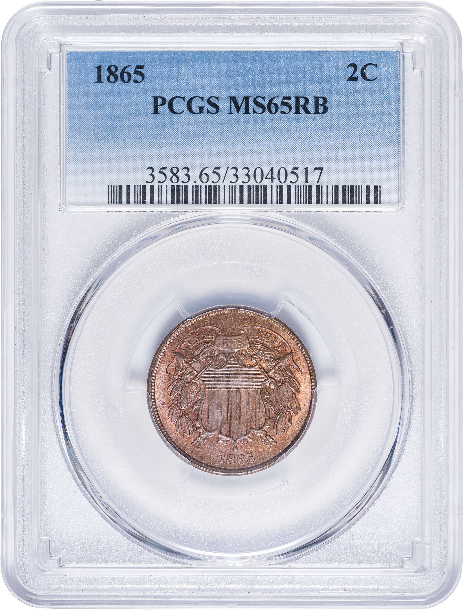 PCGS MS-65 RB 1865 Two-Cents: Fancy 5. Frosty, sharp, and lustrous with an even blend of red and tan throughout, and with a world of eye appeal to boot.