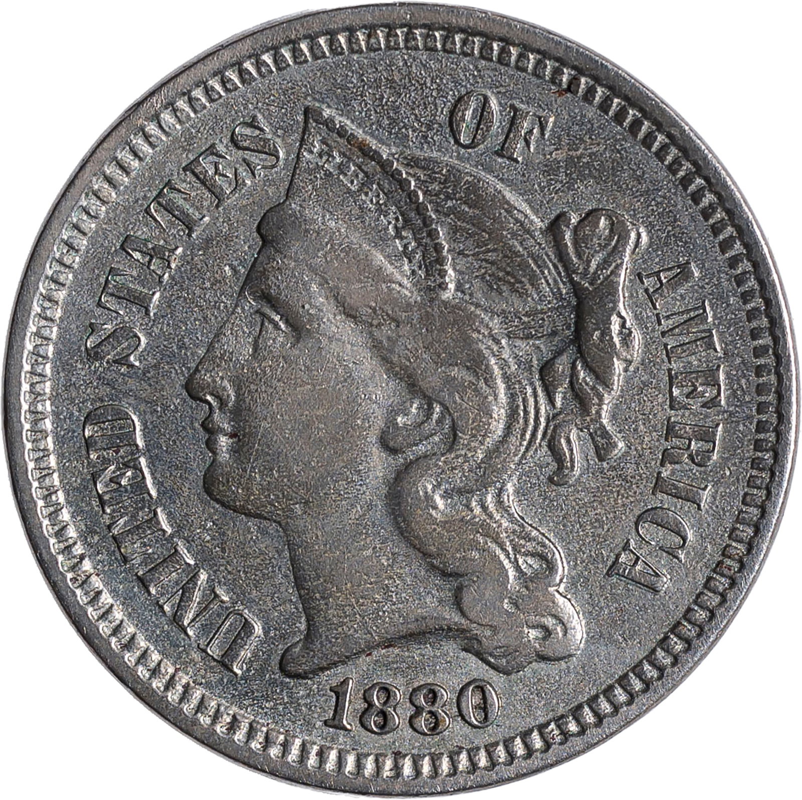 EF Details 1880 Nickel Three-Cents: Cleaned, but to no great matter. Steel-gray surfaces. An elusive semi-key date; just 21,000 were struck.
