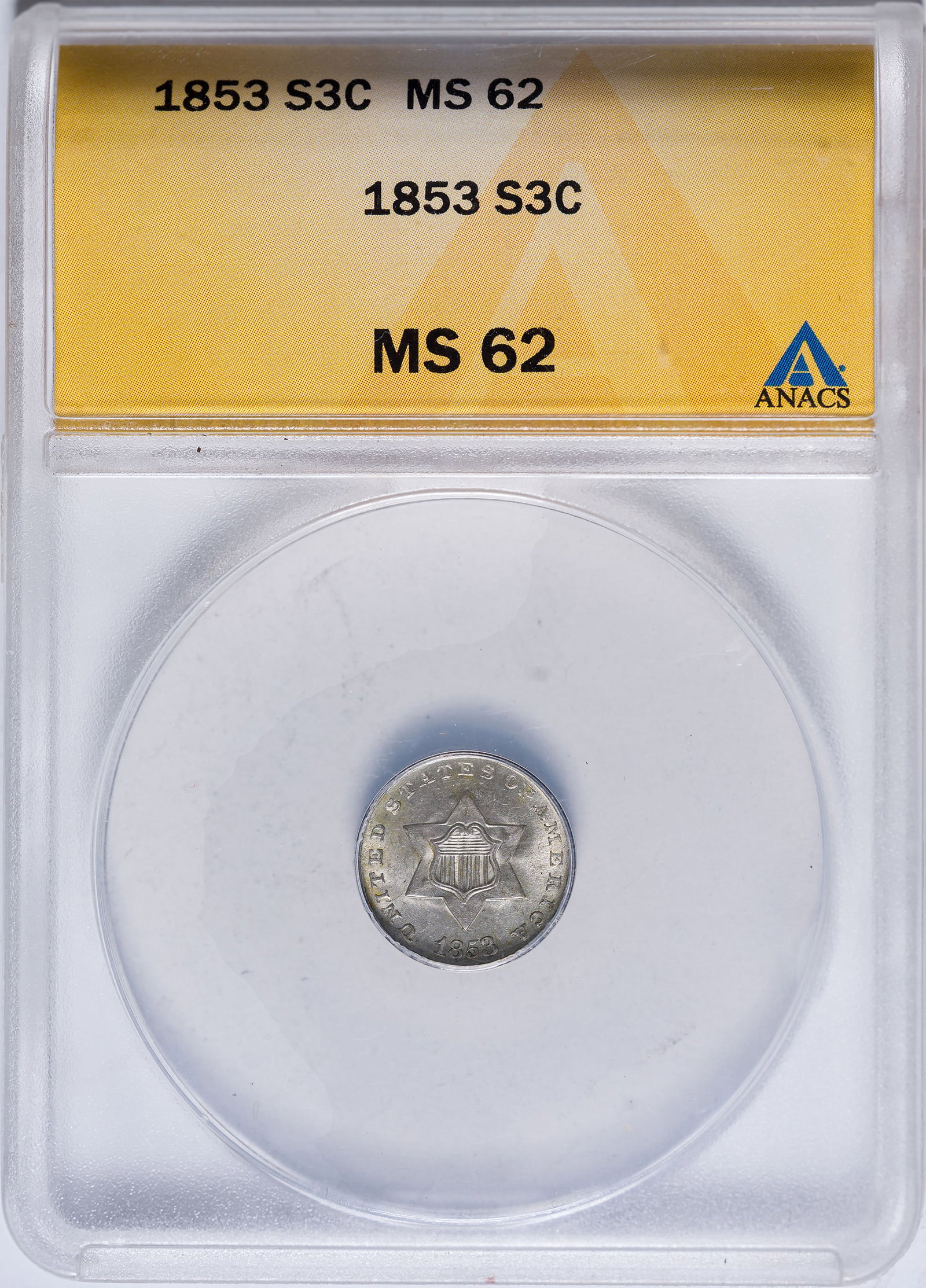 ANACS MS-62 1853 Silver Three-Cents: Satiny olive-silver surfaces enjoy lively luster.