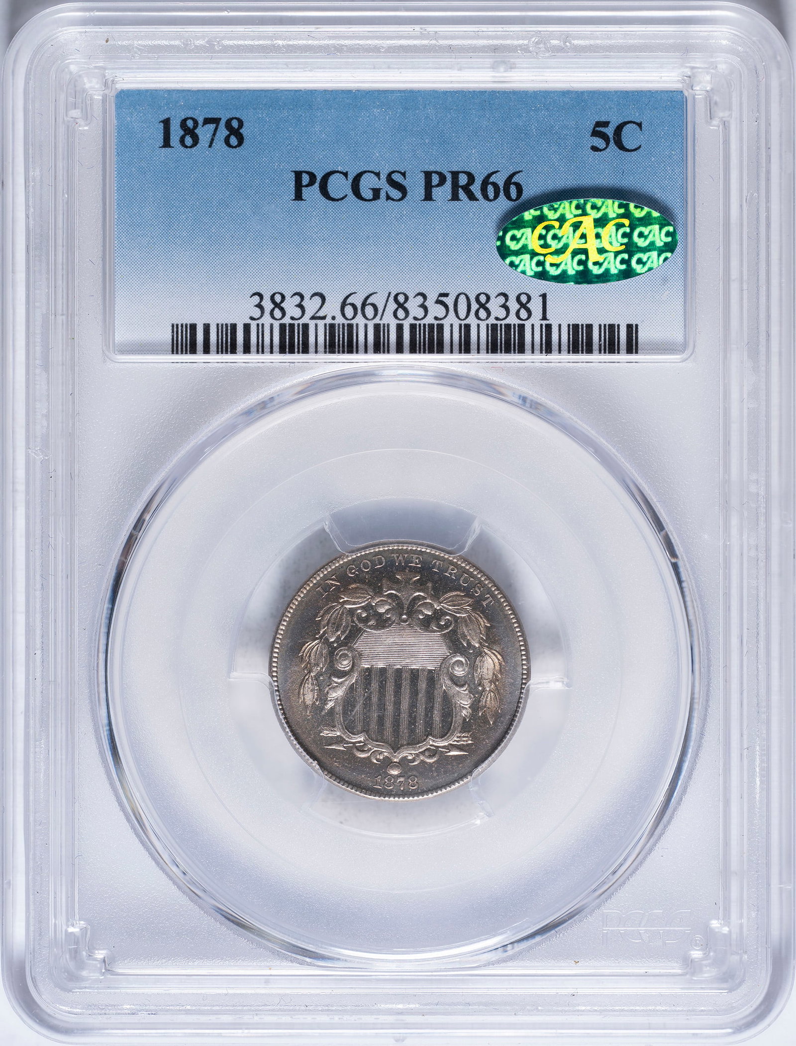 PCGS Proof-66 CAC 1878 Shield Nickel: An amazing Gem Proof that is ever-so-close to a Cameo designation. Pale golden iridescence engages both sides, with the reverse a trifle darker overall.