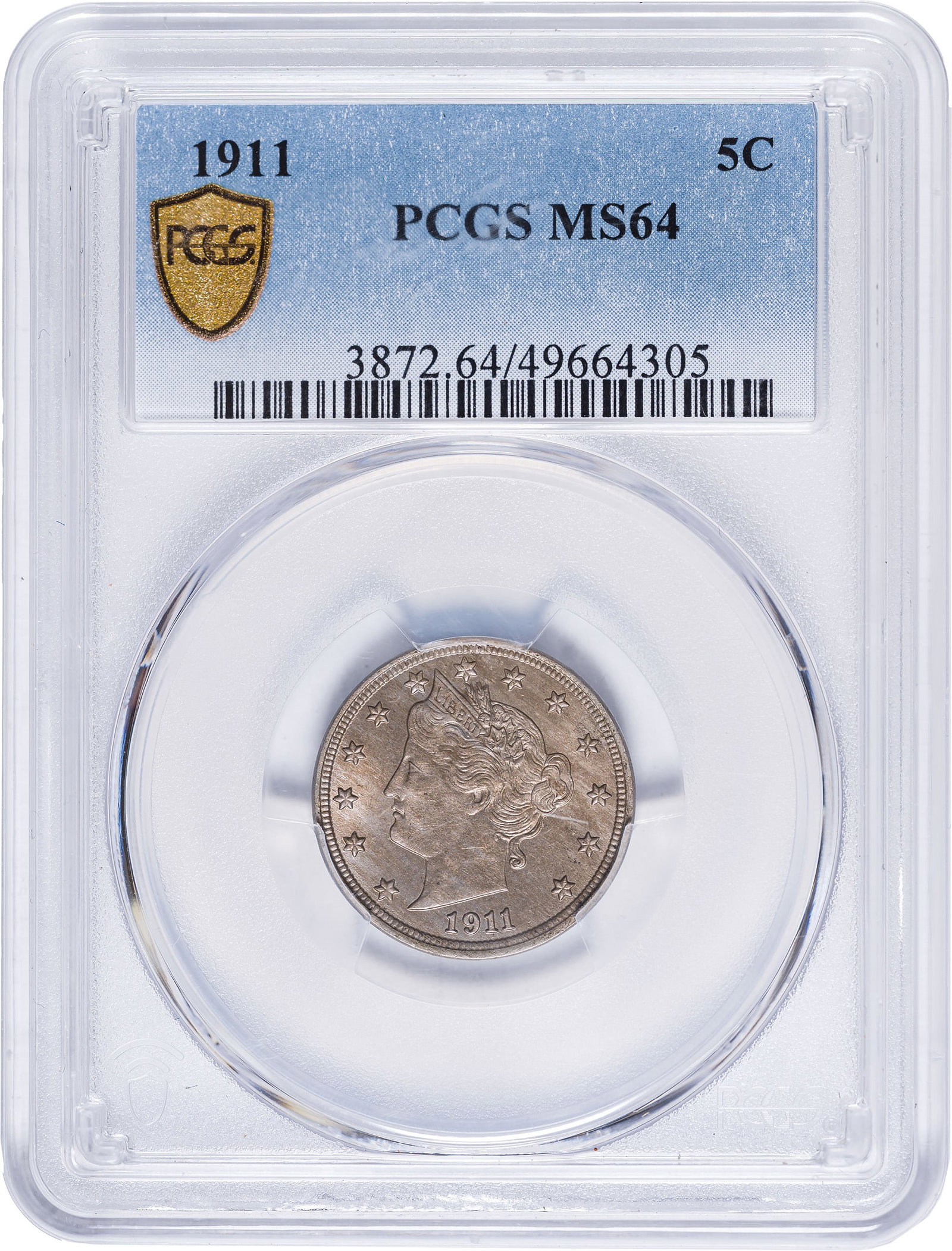 PCGS MS-64 1911 Liberty Nickel: Satiny and lustrous with pale olive-gray surfaces.
