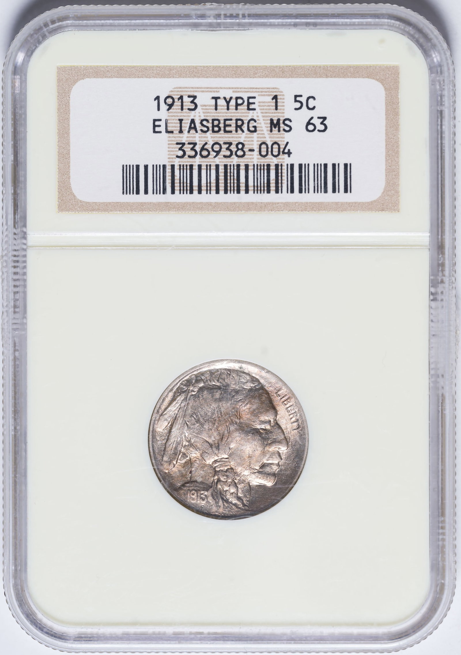 NGC MS-63 1913 Type I Buffalo Nickel: The Eliasberg coin. Bold luster supports varied splashes of golden iridescences